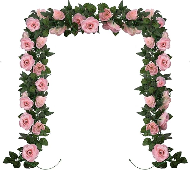 Huryfox 2 Pack Flower Garland Artificial Pink Rose Garlands Flowers Vine Fake Floral Vines for Wall Birthday Party Wedding Room Decor ( 7.5 FT X 2)