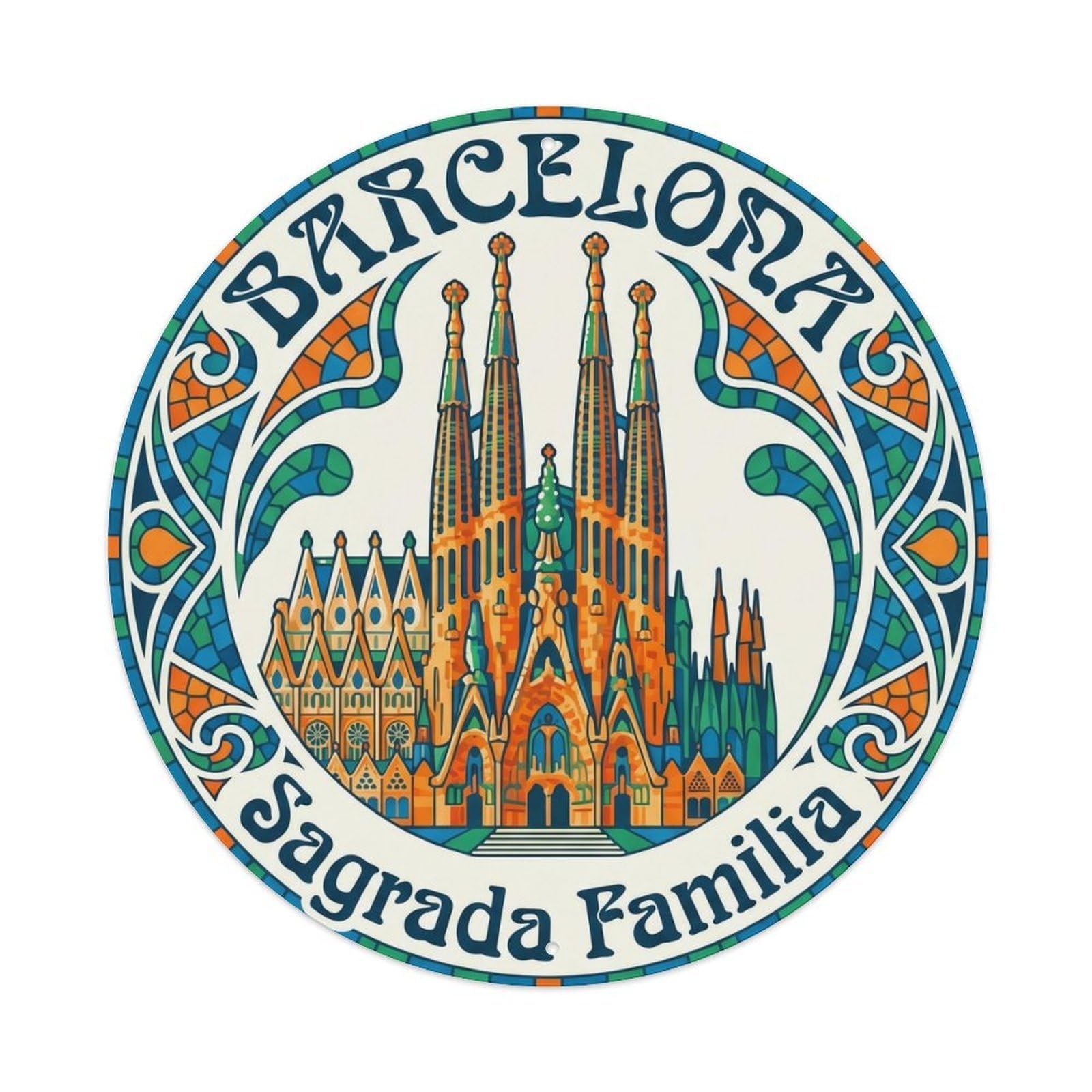 Vintage Travel Barcelona Gaudi Cathedral Metal Tin Sign Plaque Wall Decor for Cafe, Club, Garden Round Metal Poster 8x8Inch
