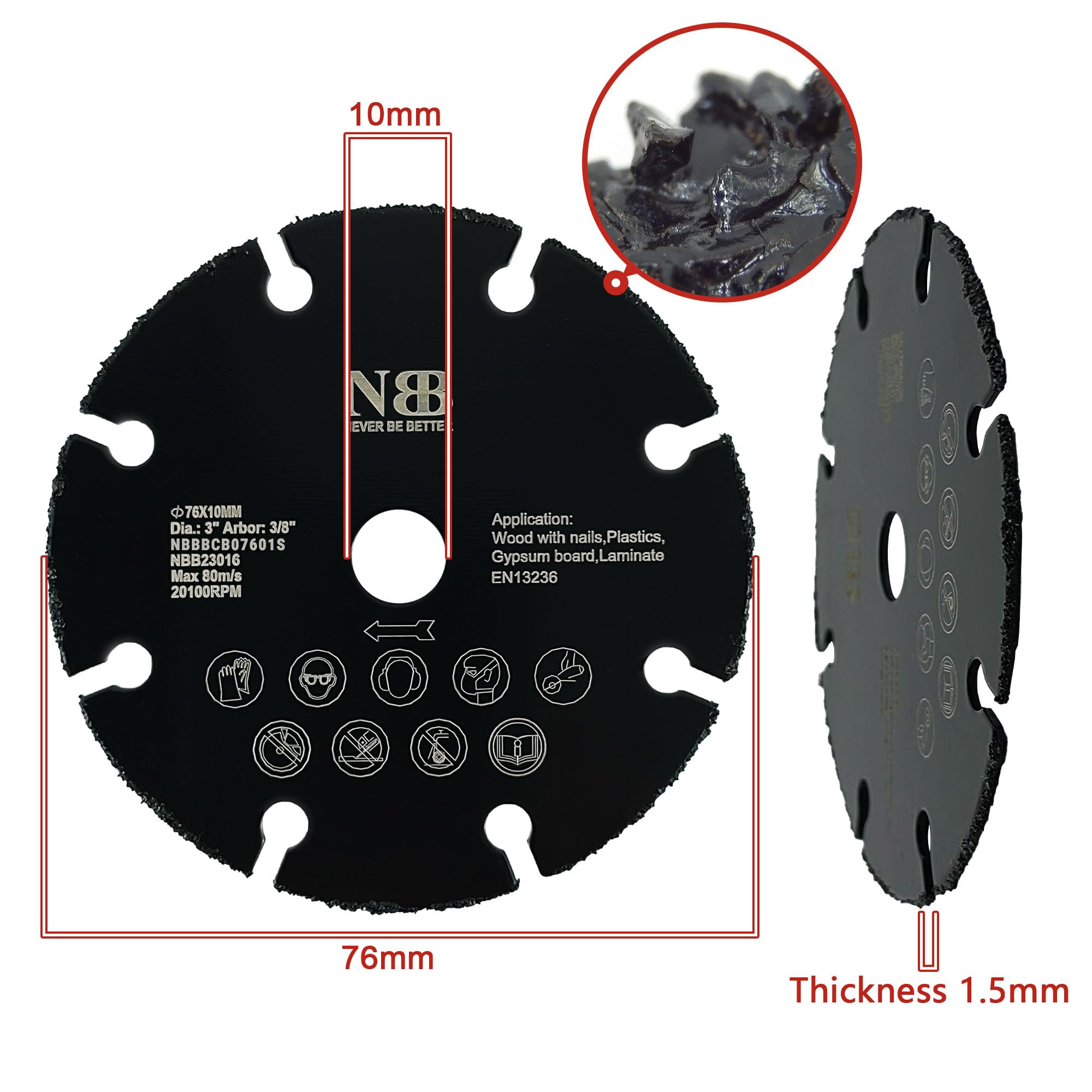 NBB Disco de corte de carburo para corte en madera con clavos laminado plástico y placa de yeso perfiles de aluminio hoja de carbur sierra de carburo de tungsteno para Amoladora fácil uso (10, 76mm)