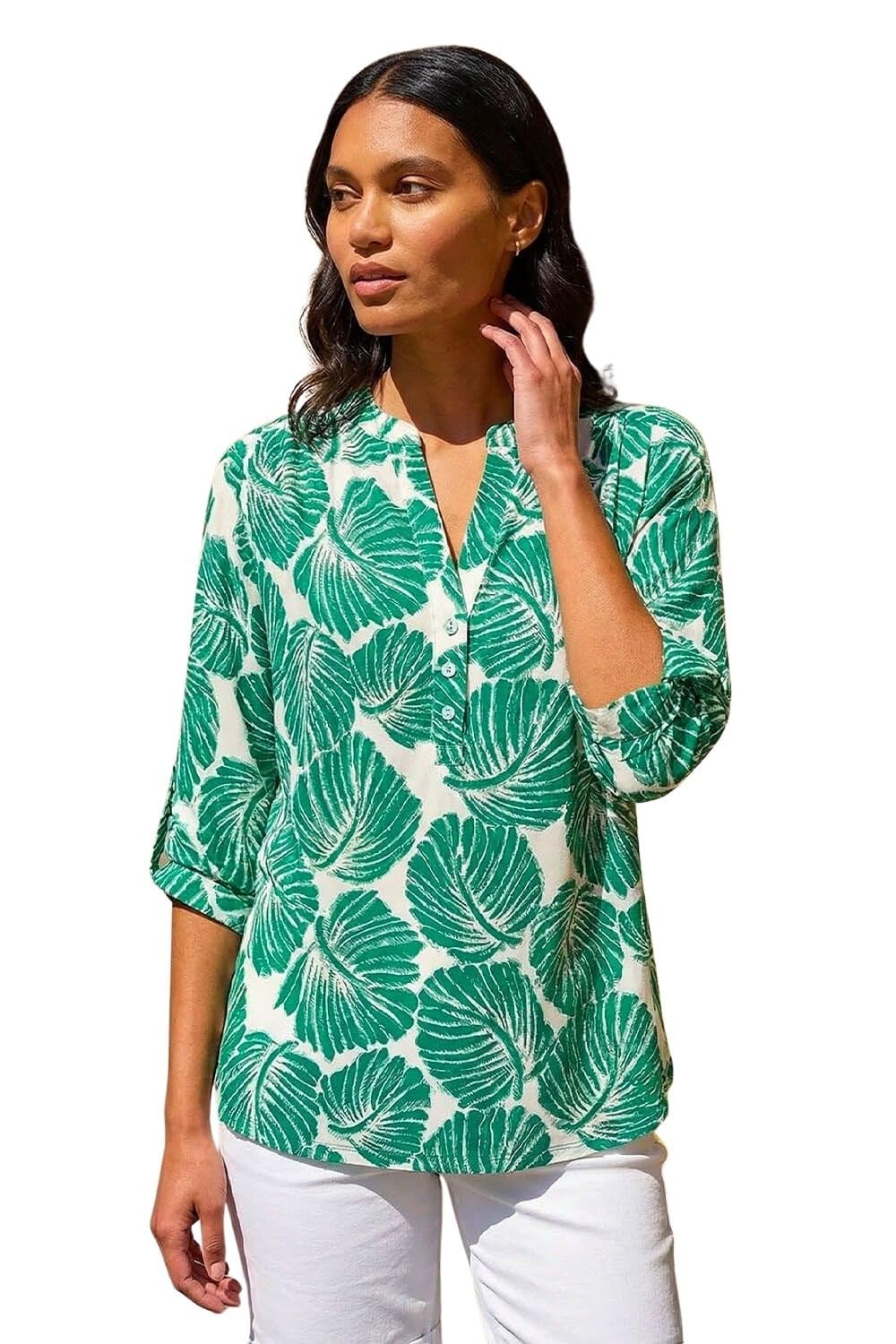 Roman Women's Green Leaf Print Shoulder Pleat Shirt Size 20