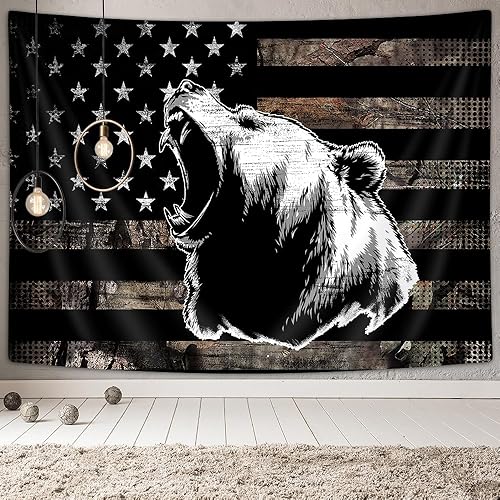 Miniatura 3 de VEIGIKE Tapiz de oso de bandera estadounidense de país, tapiz rústico de caza de oso de bajo camuflaje blanco y negro para colgar en la pared para