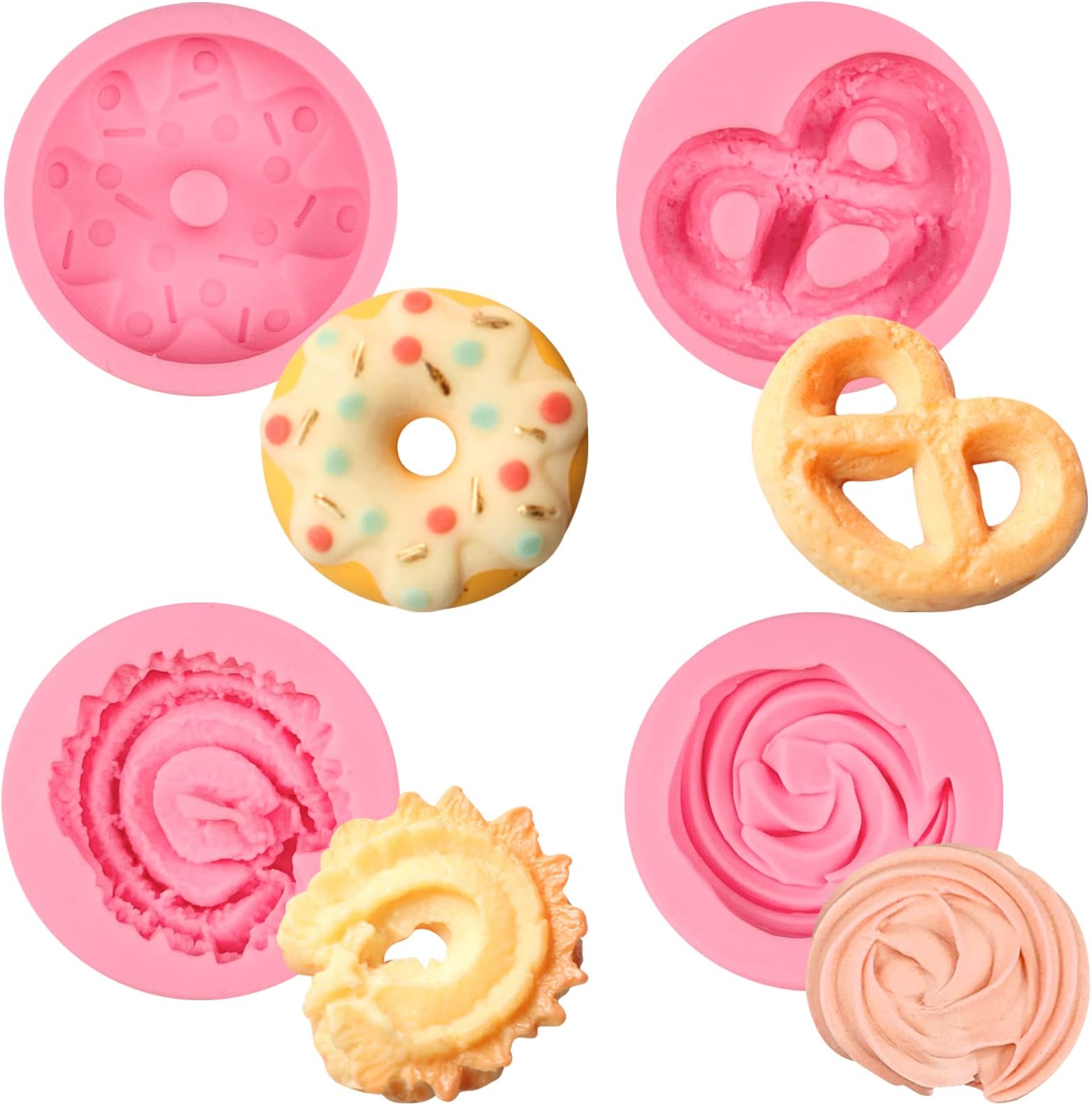 Donut Fondant Molds 4Pcs Silicone Cookie Molds for Baking Cake Decorating Candy Chocolate Flower Paste Sugar Craft Marzipan Jelly Mousse Clay Projects Resin Gypsum