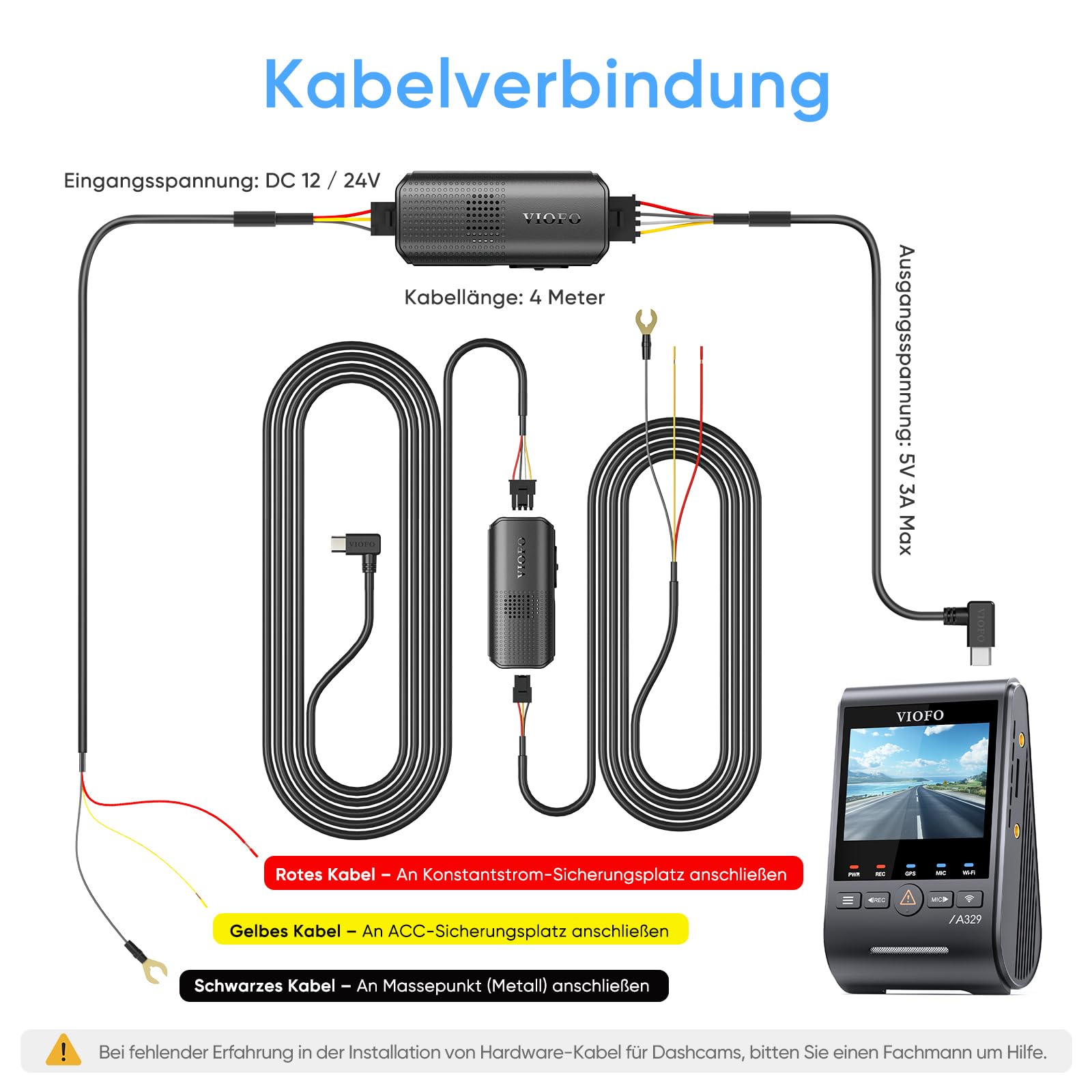 VIOFO HK6 Hardwire Kabel für A329S / A119M Pro Dashcam, Unterstützt Energiespar- u. intelligente Hybrid-Parkmodus Aktiviert den Parkmodus und den Niederspannungsschutz, Sicherung ist erforderlich