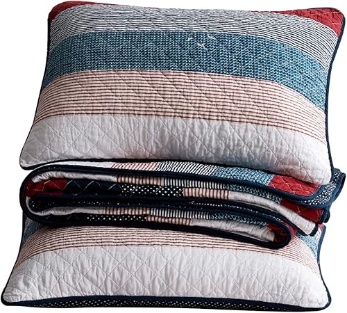 Vista 80 de Chezmoi Collection Samuel Juego de colcha con relleno de cuadros gris pardo, blanco y azul marino, 3 piezas, retales, algodón prelavado, ligero