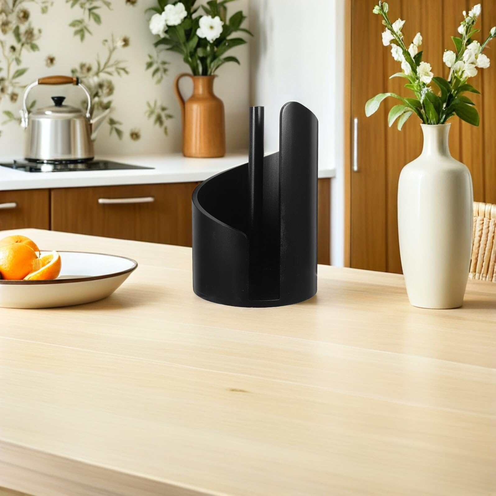 Portarotolo da Cucina in Legno Nero, Supporto Verticale | Stile Rustico e Moderno, Finitura Effetto Legno, per Piano D'appoggio e Bagno
