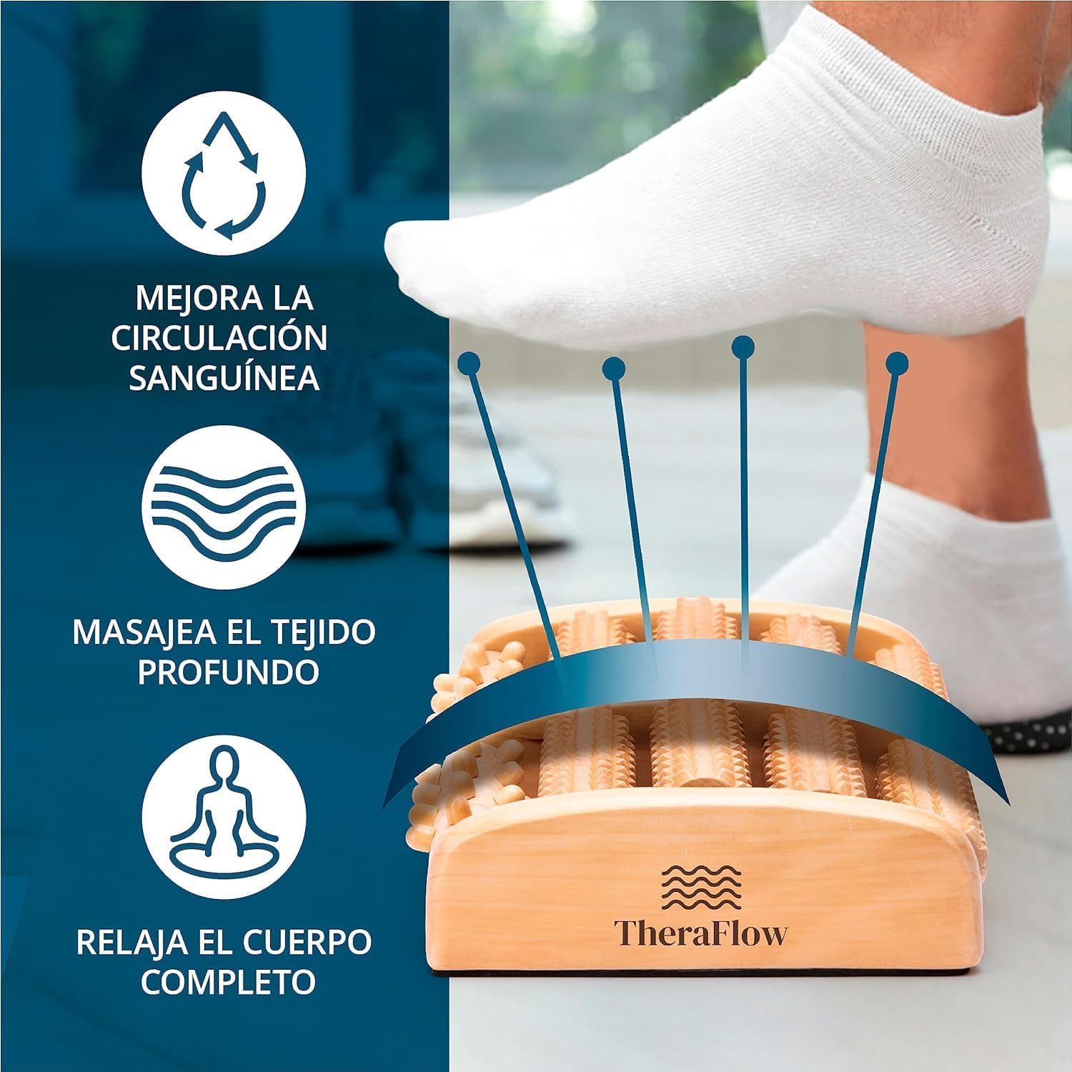 TheraFlow Masajeador de pies doble talla L – Acupresión Shiatsu Original – Alivio Fasciitis plantar – Esquema reflexología plantar/manual de instrucciones – Madera