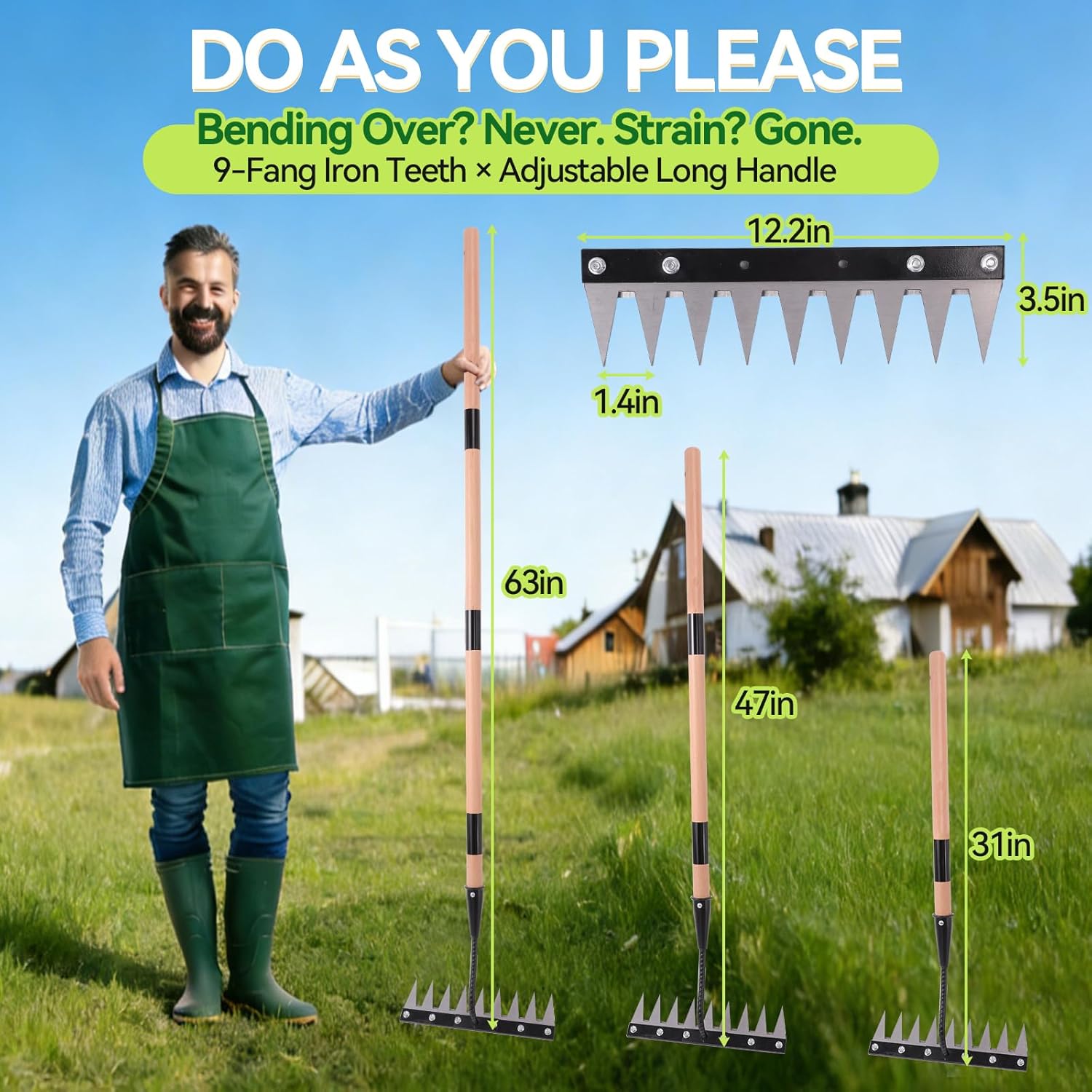 Gardenia Iron Weeding Rake with Handle 3.0,Heavy Duty Iron Rake for Gardening and Weeding,2026 Upgraded 9-Tine Garden Weed Puller Tool, Garden Weed Rake Tool for Removing Weeds,Soil Aeration (9 Teeth)