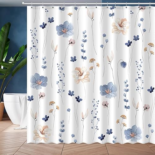 Cortina de ducha floral de acuarela, flores beige y azul, decoración de baño, moderno, minimalista, impermeable, juego de cortinas de baño con 12