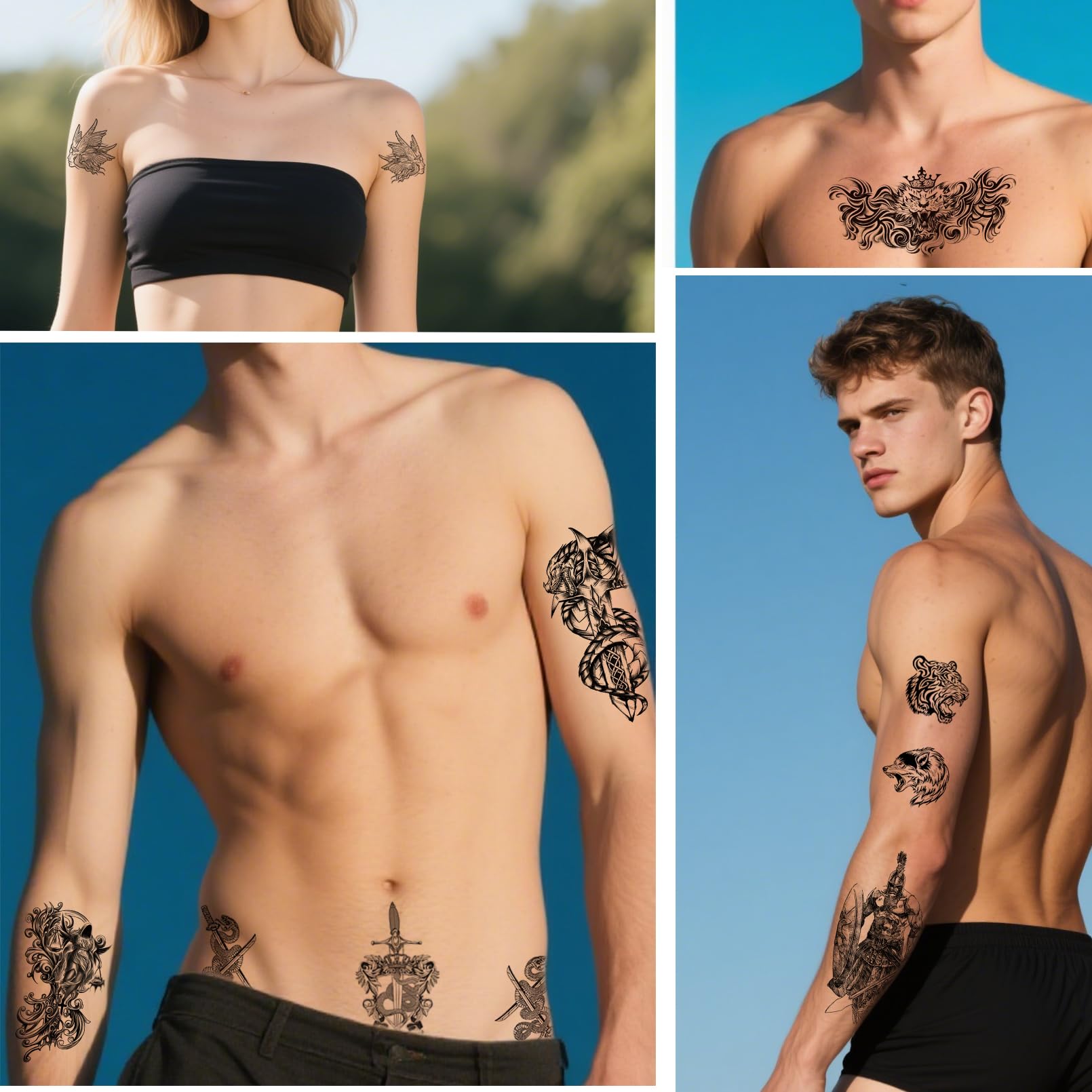 Temporary Tattoos for Men 24 Sheets Mixed Style Temporary Tattoos Stickers for Adults Scary Dragon Snake Tiger Skull Skeleton Fake Tattoos Half Arm Temporary Tattoo for BBQ Pool Beach Party - Image 4