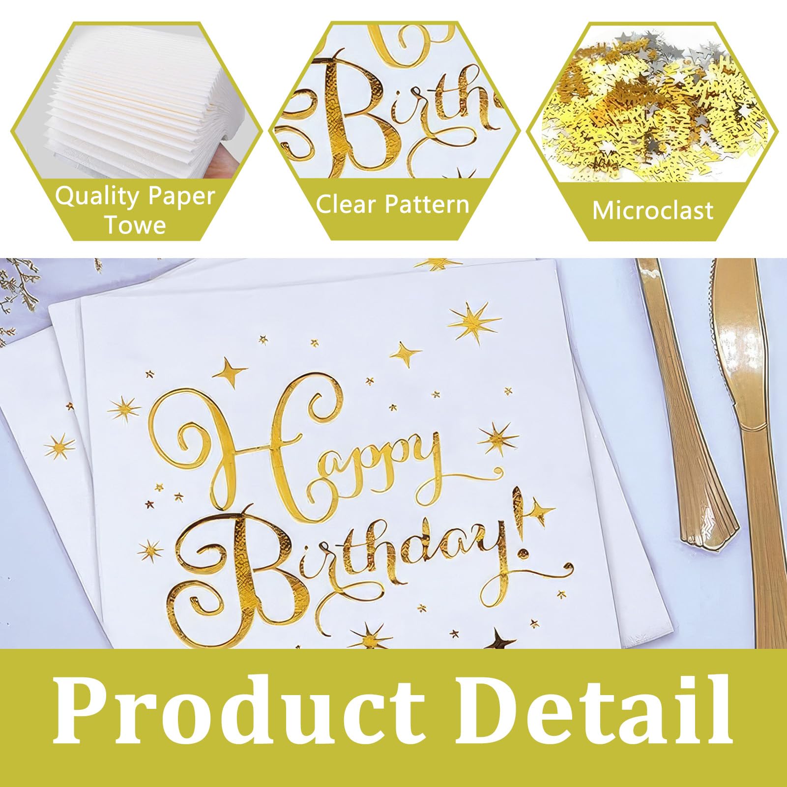40 Serviettes Papier Happy Birthday Blanc Or - Serviettes De Table Jetables Pour Fêtes D'Anniversaire