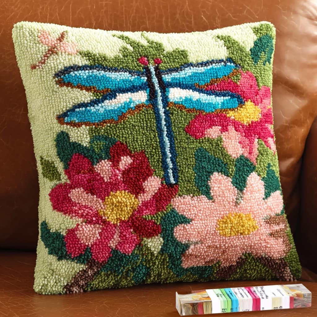 Taxpy Latch Hook Cushion Kits Dragonfly Pillowcase Kits Embroidery Kit 17X17 Inch DIY Needlework Pillow Cover Sofa Cushion Rug Making
