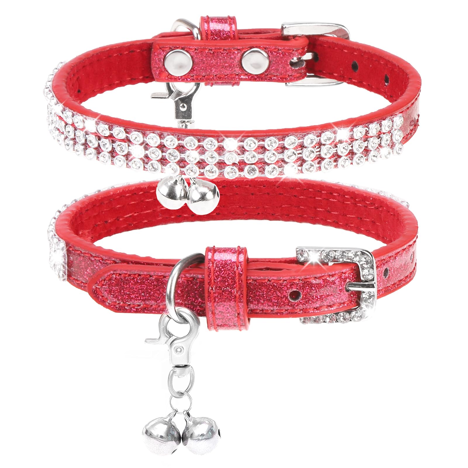 PUPTECK Basic Adjustable Cat Collar with Bling Diamond and Double Bells, for Kitten and Small Puppy, Fashion and Shining Dog Rhinestone Collars, 6-8in, Pink, Black, Red, Gold, Silver