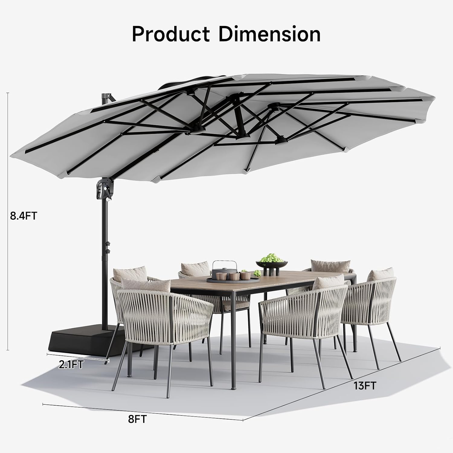 ONBRILL 8x13 FT Cantilever Patio Umbrella with Free Height Adjustment, Large Double-Sided Rectangular Umbrella with Base & Stand Included, Heavy Duty Outdoor Umbrella Offset for Pool, Patio, Backyard