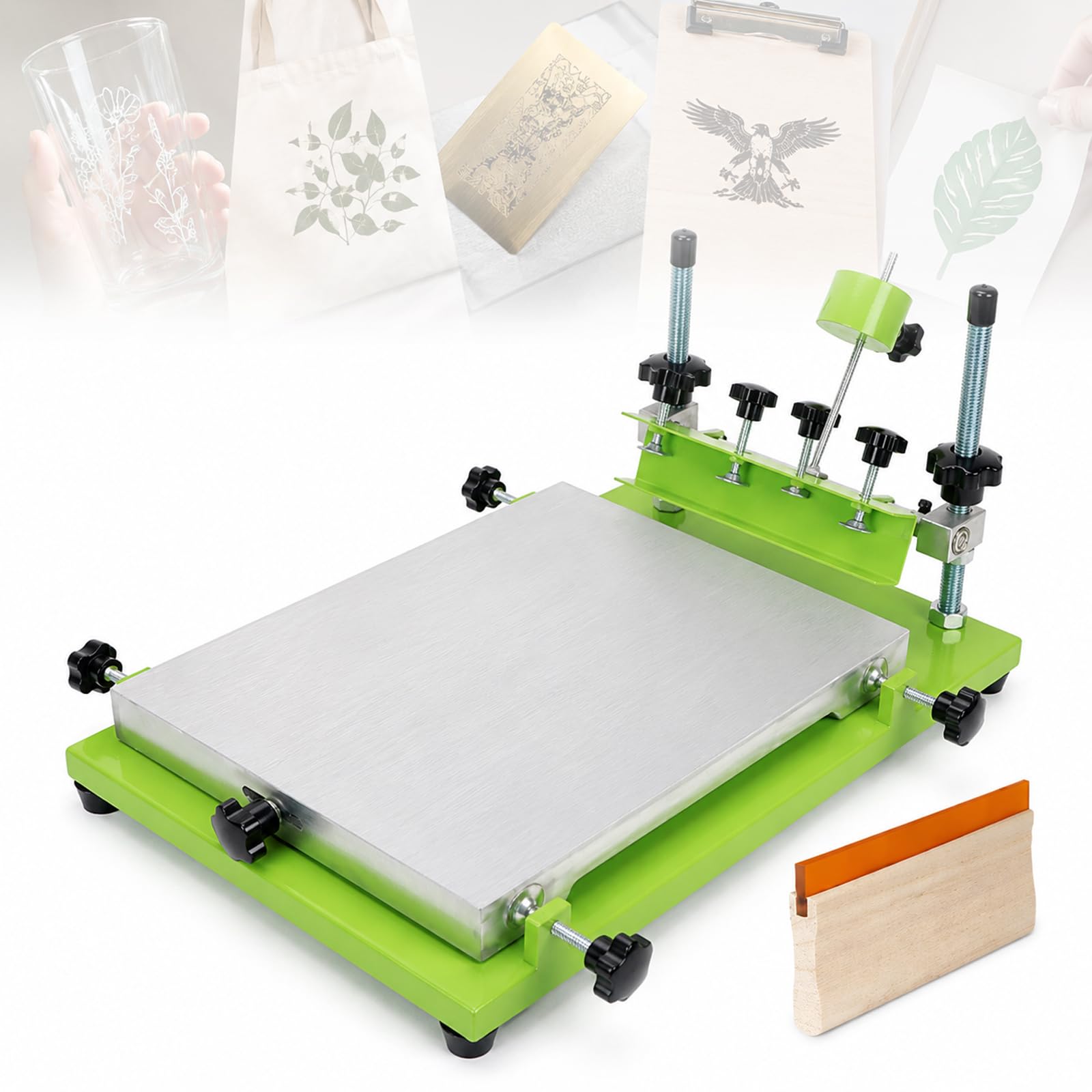 Machine de sérigraphie manuelle tout support avec grattoir et cadre aluminium de pochoir