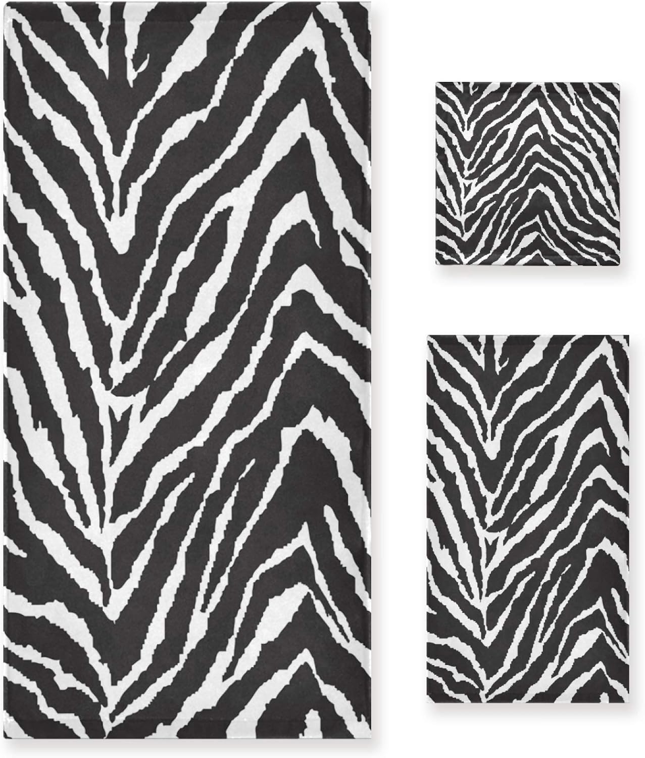ALAZA 3-Piece Towel Set, Black and White Zebra Print Bath Towel Sets, 1 Bath Towel, 1 Hand Towel, 1 Washcloth, Absorbent Soft Towels Quick Drying for Bathroom