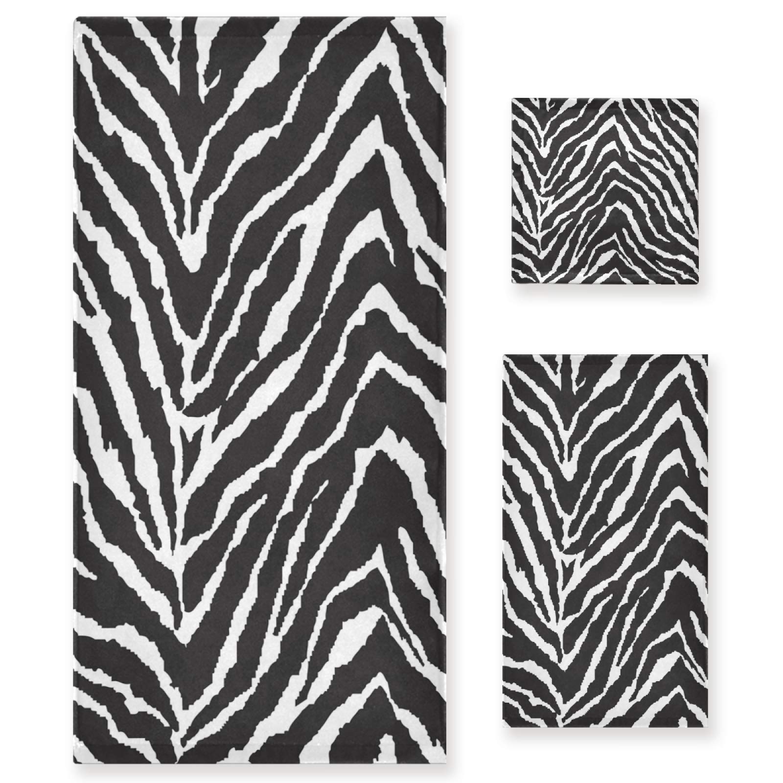 ALAZA 3-Piece Towel Set, Black and White Zebra Print Bath Towel Sets, 1 Bath Towel, 1 Hand Towel, 1 Washcloth, Absorbent Soft Towels Quick Drying for