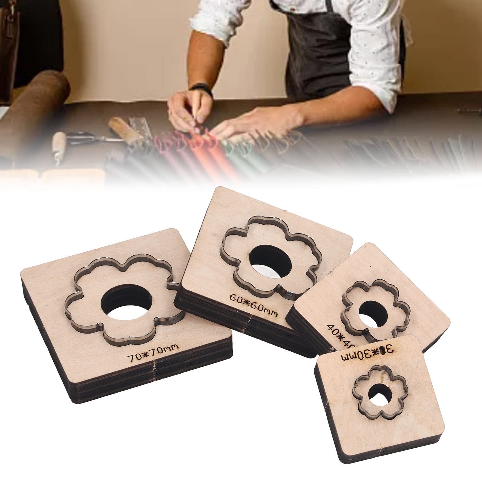 4-teiliges Leder-Schneidformen-Set mit Blumenmuster für Karton, Ton, Gummi und Kunststoff – Stanzform aus legiertem Stahl mit Holzbasis für geschichtete Stoffe und Holzmaterialien