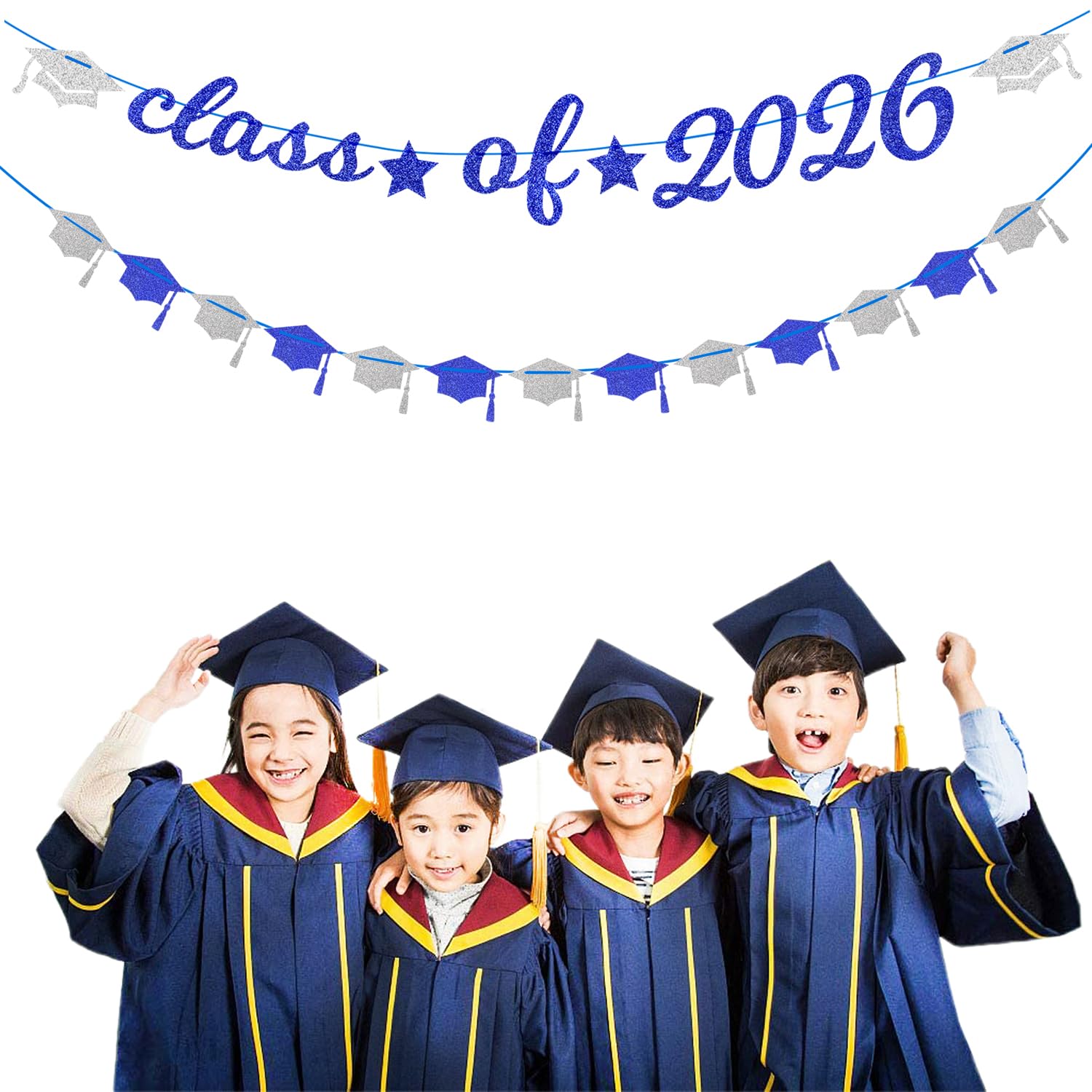 Pancarta de graduación para decoración de fiesta azul marino, blanco y plateado, 8 kits de guirnalda de gorra clase de 2025, pompones de papel de seda, decoración de felicitaciones Lasting Surprise