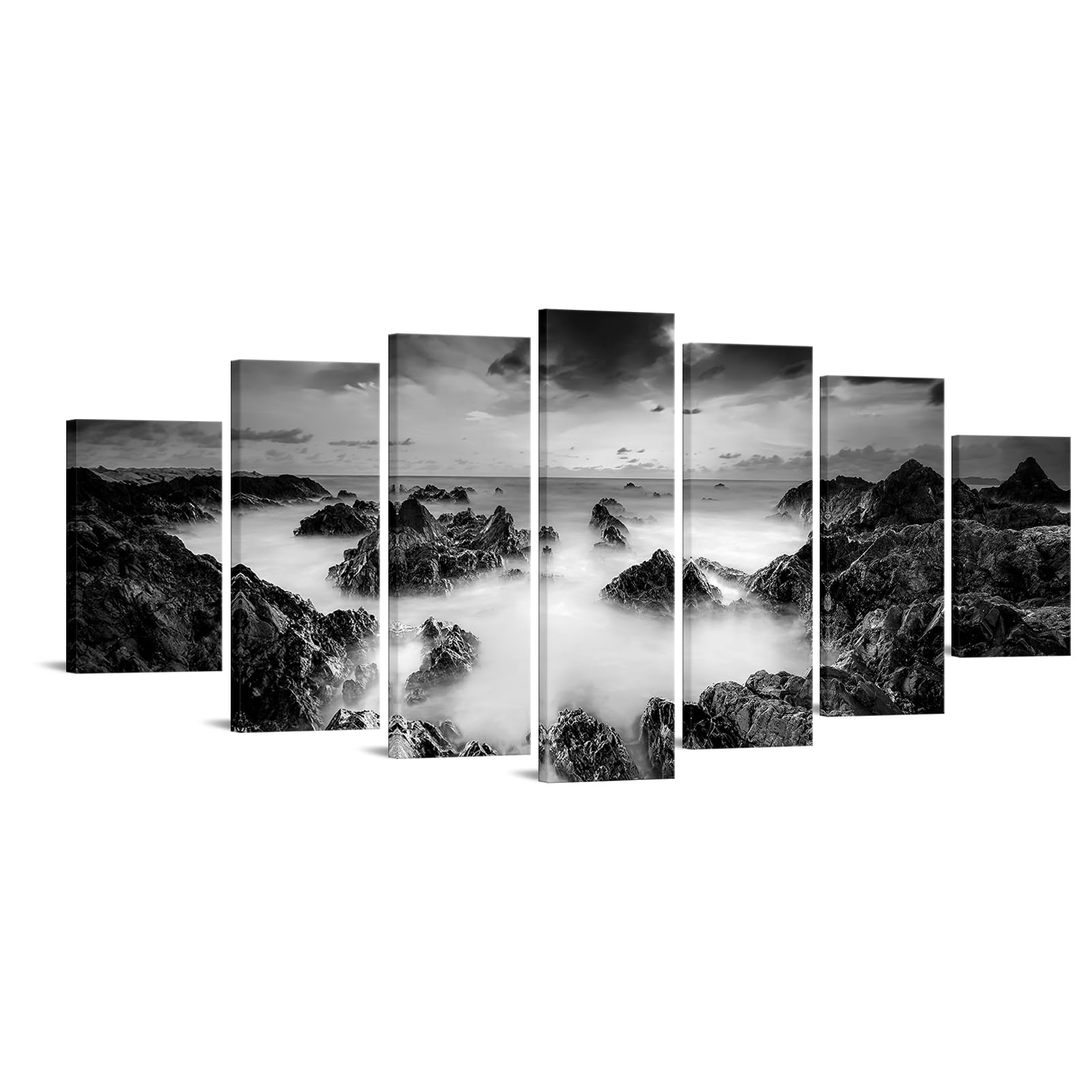 KREATIVE ARTS 7 Pieces Coastal Beach Canvas Wall Art Black and White Seaside Stone Wave Landscape Pictures Prints Ocean Painting Artwork for Bedroom Living Room Wall Decor 70" W x 32" H