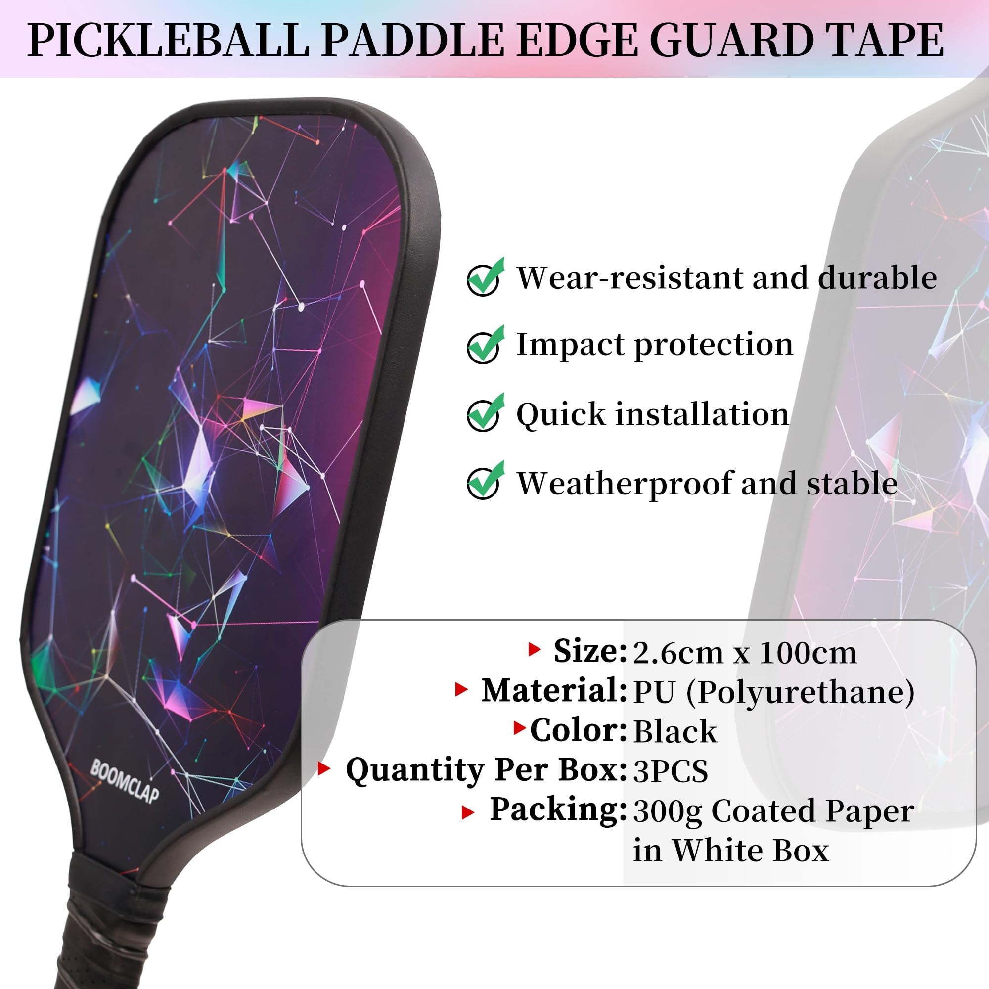BOOMCLAP 3 cintas protectoras de paleta de pickleball de 1.02 pulgadas de ancho, cinta de protección de borde deportivo para pickleball, ping pong, tenis, raqueta de bádminton