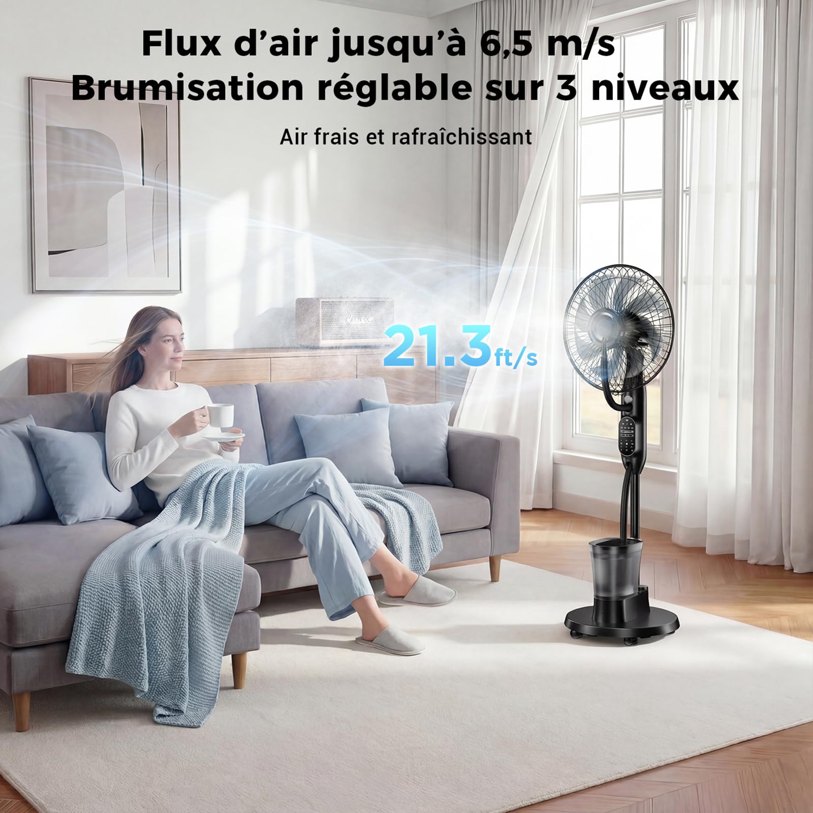 NebulaFlow Ventilateur Brumisateur, 3 en 1 Ventilateur sur pied, 9 vitesses 3 modes, Ventilateur oscillant avec télécommande pour maison, chambre, bureau, terrasse, 1 pièce