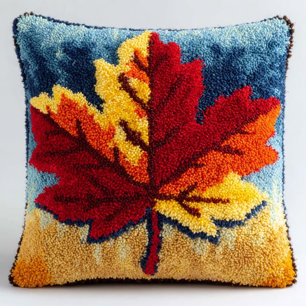 Taxpy DIY Latch Hooking Pillow Kits, Red Maple Leaves Pillow Cover Preprinted Throw Pillow Needlework Crochet Yarns Latch Hook Cushion Making17x17inch