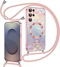 Kokio Magnetic Glitter Case for Samsung Galaxy S25 Ultra 5G with Cord [Compatible with MagSafe], Transparent Case for Girls Women, Shockproof Silicone Cover for Samsung S25 Ultra Pink