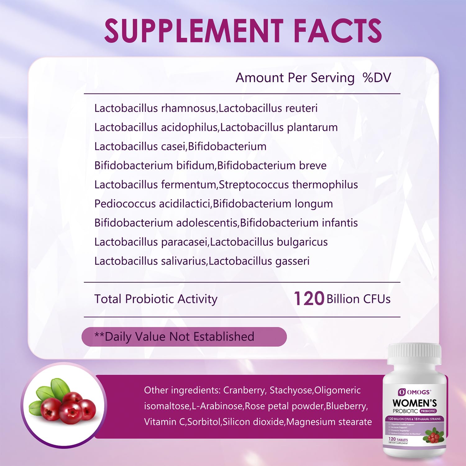 OMOGS Women's Probiotic, with Cranberry Extract, Organic Prebiotics & Vitamin C, 120 Billion CFUs,18 Strains, Help for Boost Immune, Digestive, Gut Health & Women's Health,120 Tablets — Amazon image 2