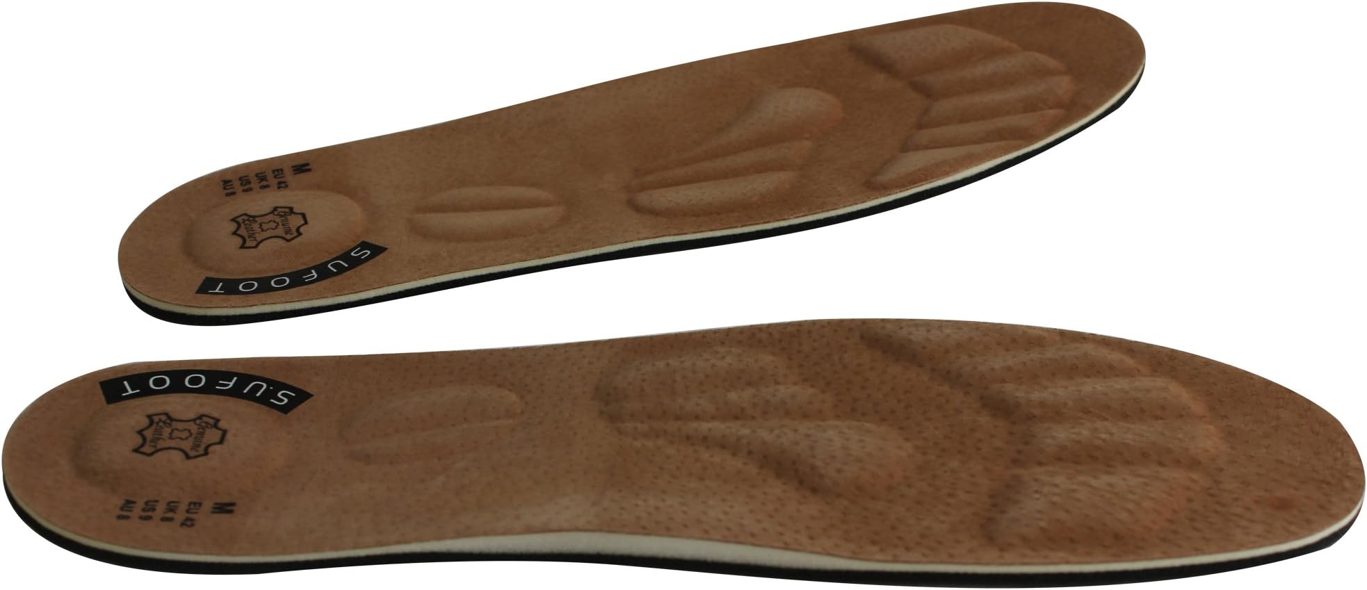 SufootSufootยฎ Genuine Leather 3D Orthotic Arch Support Heel Metatarsal Cushion Foot Massage Breathable Shock Absorber Insoles (EU42/UK8/US9/AU8/Men)