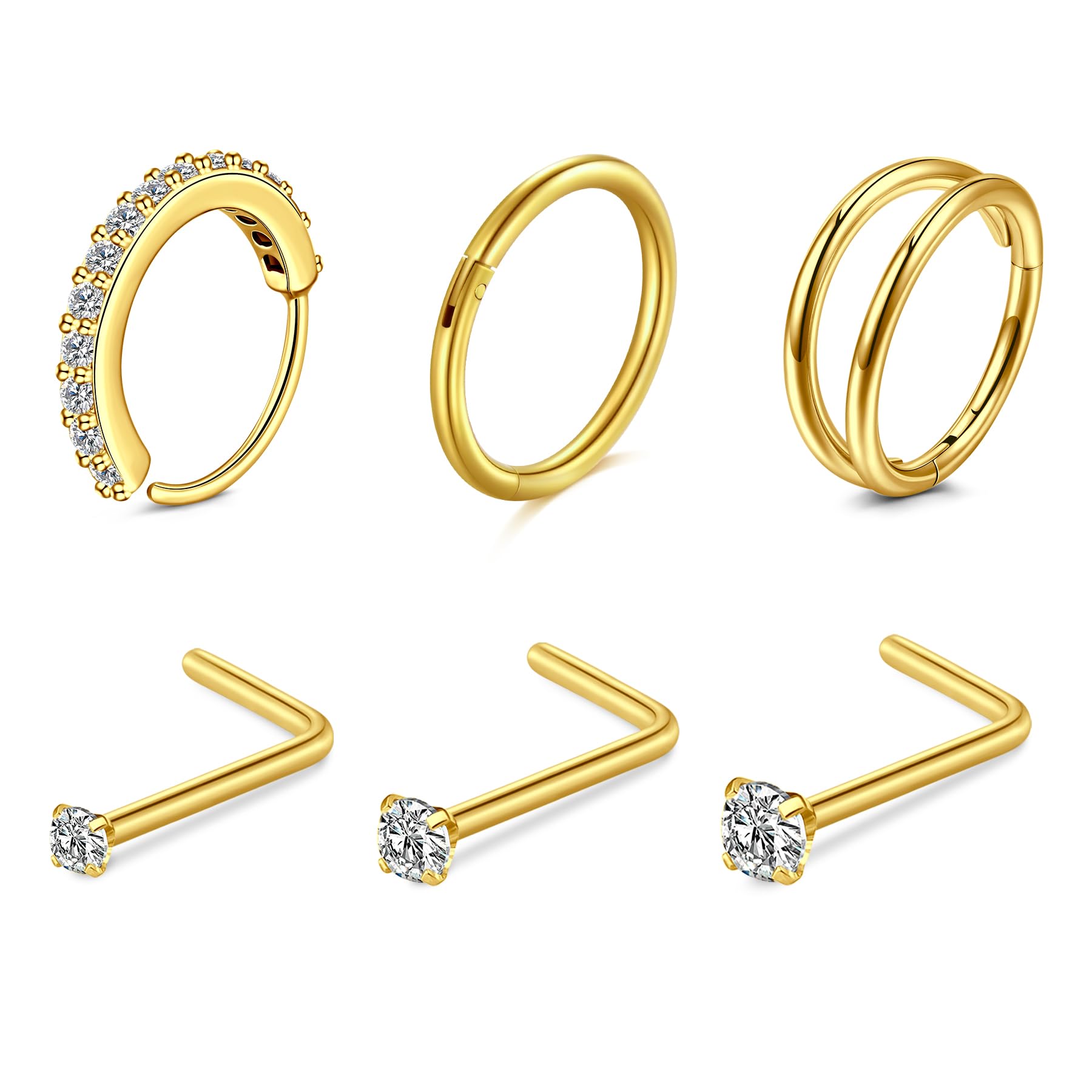 Incaton20G 6PCS Nose Rings For Women, Hinged Segment Clicker Double Nose Rings Hoops, Diamond Nose Hoops, L Shpaed Nose Stud CZ 2/2.5/3mm Nose Screw Piercing Jewelry