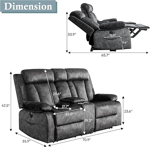Miniatura 2 de Sofá biplaza reclinable con consola, sofá biplaza reclinable doble con calor y masaje, sillón reclinable eléctrico con portavasos y puertos de carga