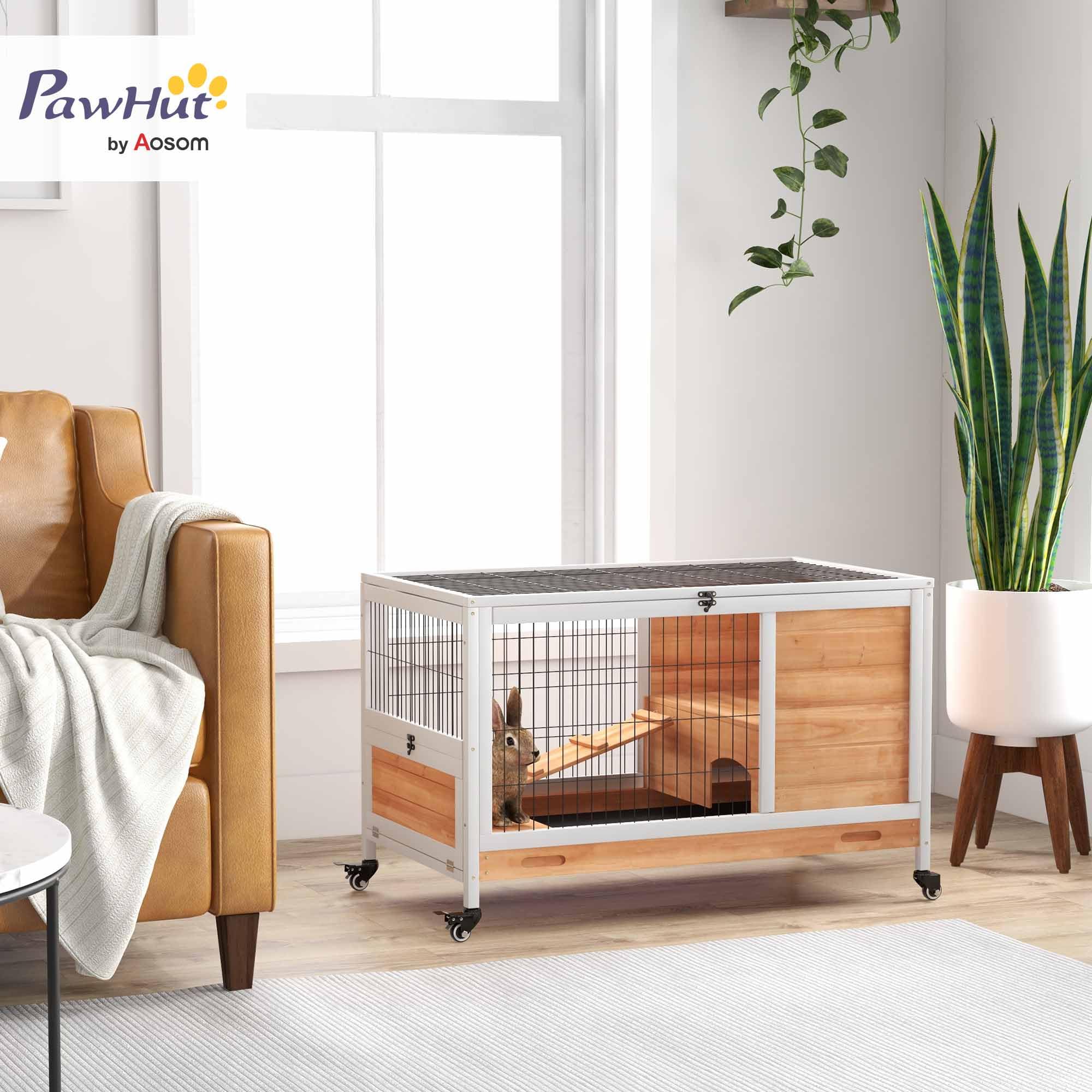PawHut Clapier Lapin intérieur, Cage Lapin avec Toit ouvrant, roulettes, Plateau Amovible et Rampe, Cage en Bois, 90 x 53 x 59 cm, Jaune et Blanc