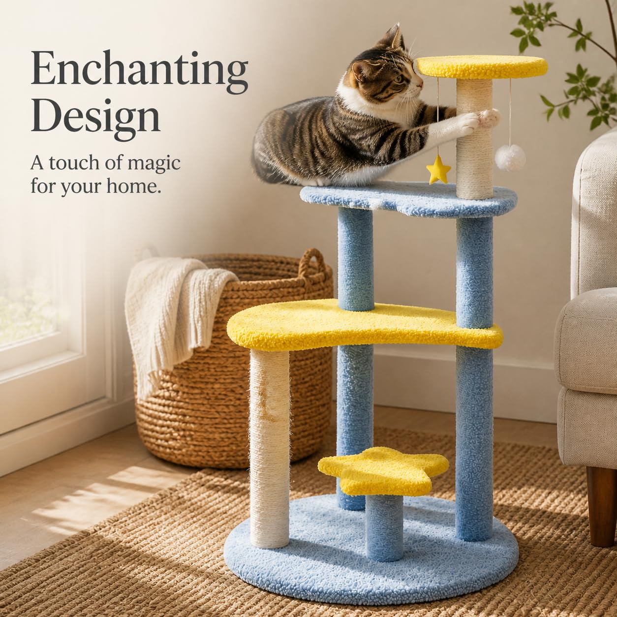 Tiragraffi per Gatti Grande Design, Tessuto, arrampicarsi, tema notturno, sisal, legno, per felini di taa robusta, graffiare