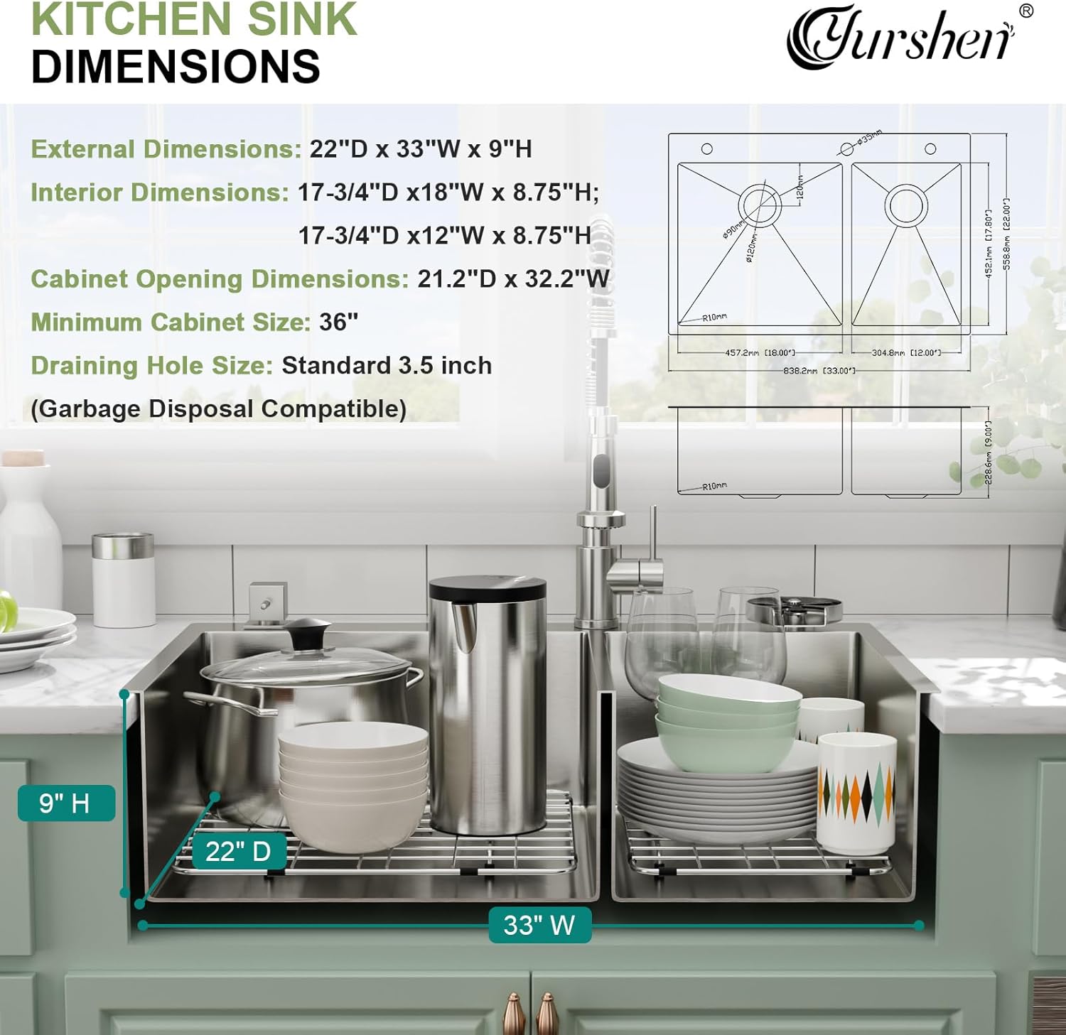 33 Inch Drop In Kitchen Sink, 33"x22" Topmount 60/40 Double Bowl Stainless Steel Sink with Glass Rinser Brushed Finish Durable Basin