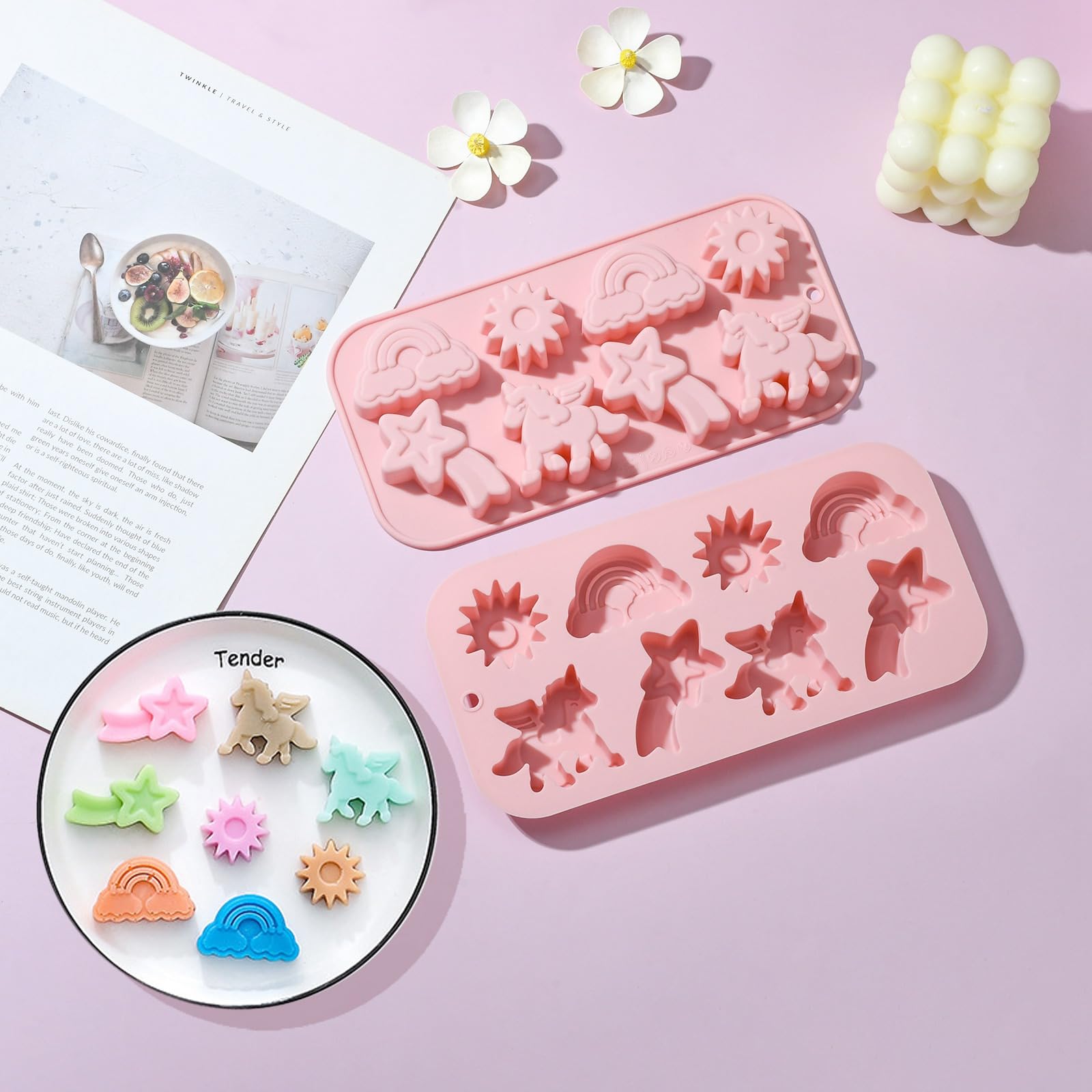 UR URLIFEHALL 2 moules en silicone en forme de licorne, soleil, météore, arc-en-ciel, pour chocolat, bonbons, cupcakes, savon, gelée, biscuits, glaçons - 5