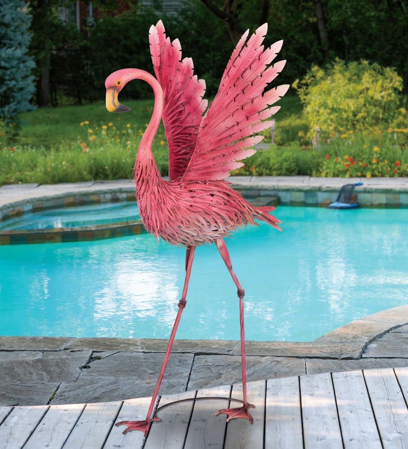 Regal Art & Gift Metal Flamingo Statue | Handcrafted Outdoor Garden Bird Decor | Weather-Resistant Yard Ornament for Patio, Lawn, or Porch | 46-Inch Wings Up - Pink