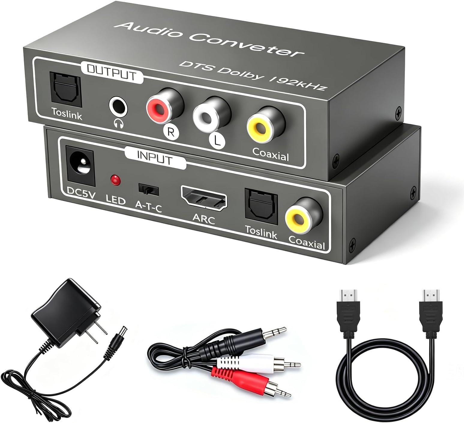 192KHz HDMI ARC Audio Extractor, Digital to Analog Audio Converter, DAC Audio Converter, Optical/SPDIF Coaxial HDMI ARC to Optical/SPDIF Coaxial Stereo L/R 3.5mm Jack for TV Soundbar Headphones