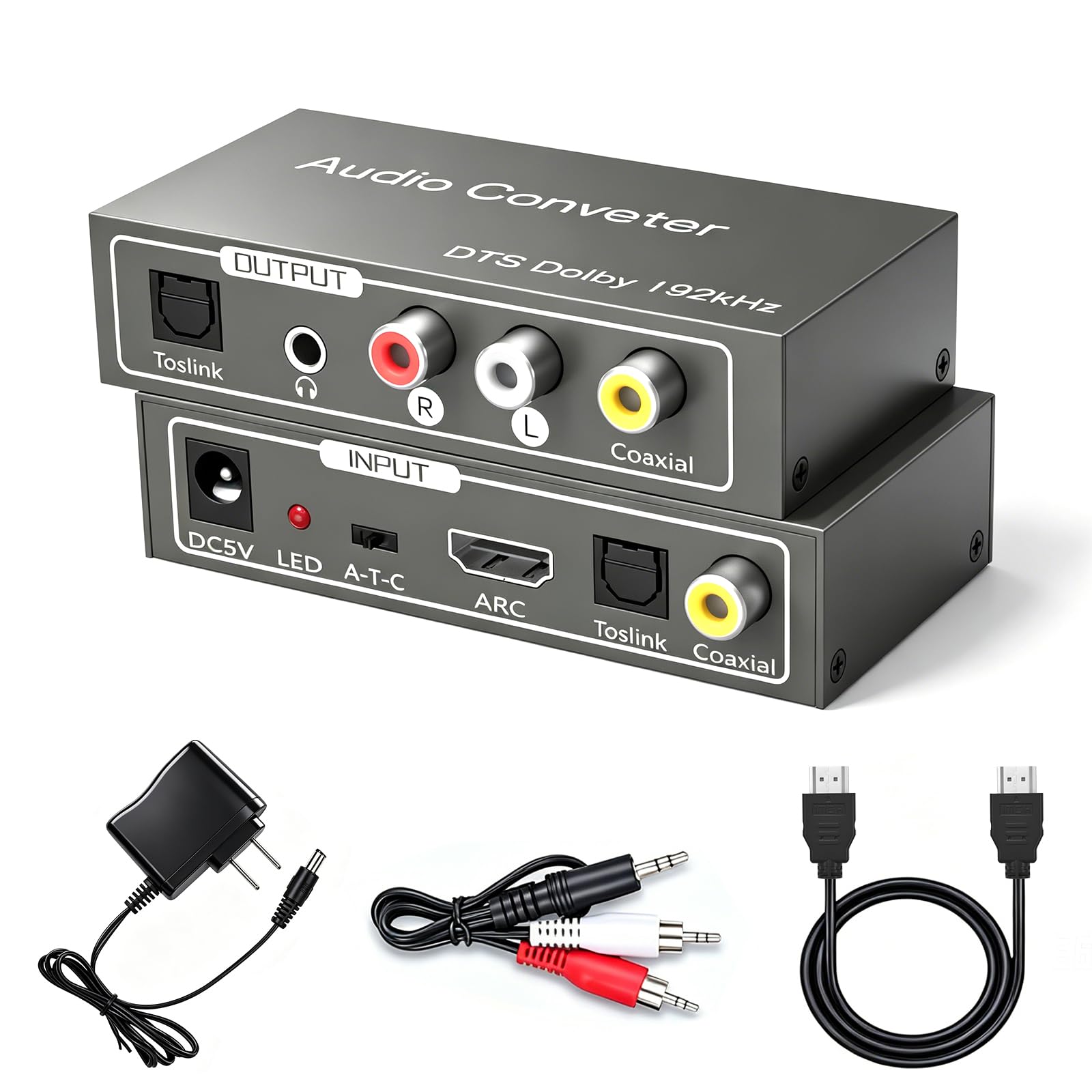 DAC para HDMI ARC Toslink óptico SPDIF coaxial a jack AUX estéreo R/L adaptador de audio óptico coaxial de 192 KHz