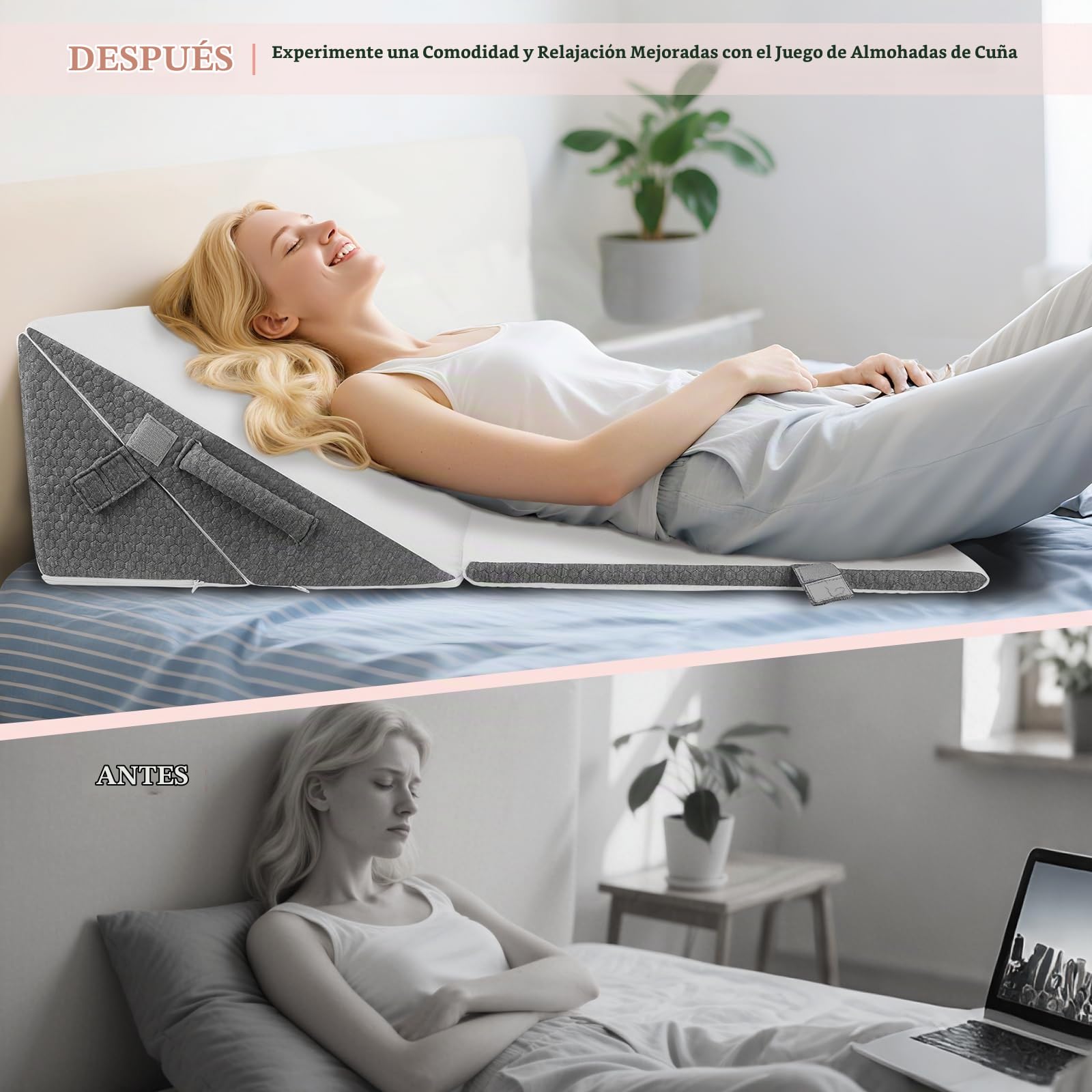Almohada de Cuña, 3pcs Almohada Triangular Ajustable, Almohada Reflujo Ergonómico con Soporte Trasero, Cojín Inclinado Plegable para Apnea del Sueño, Reflujo ácido, Elevación de Las Piernas