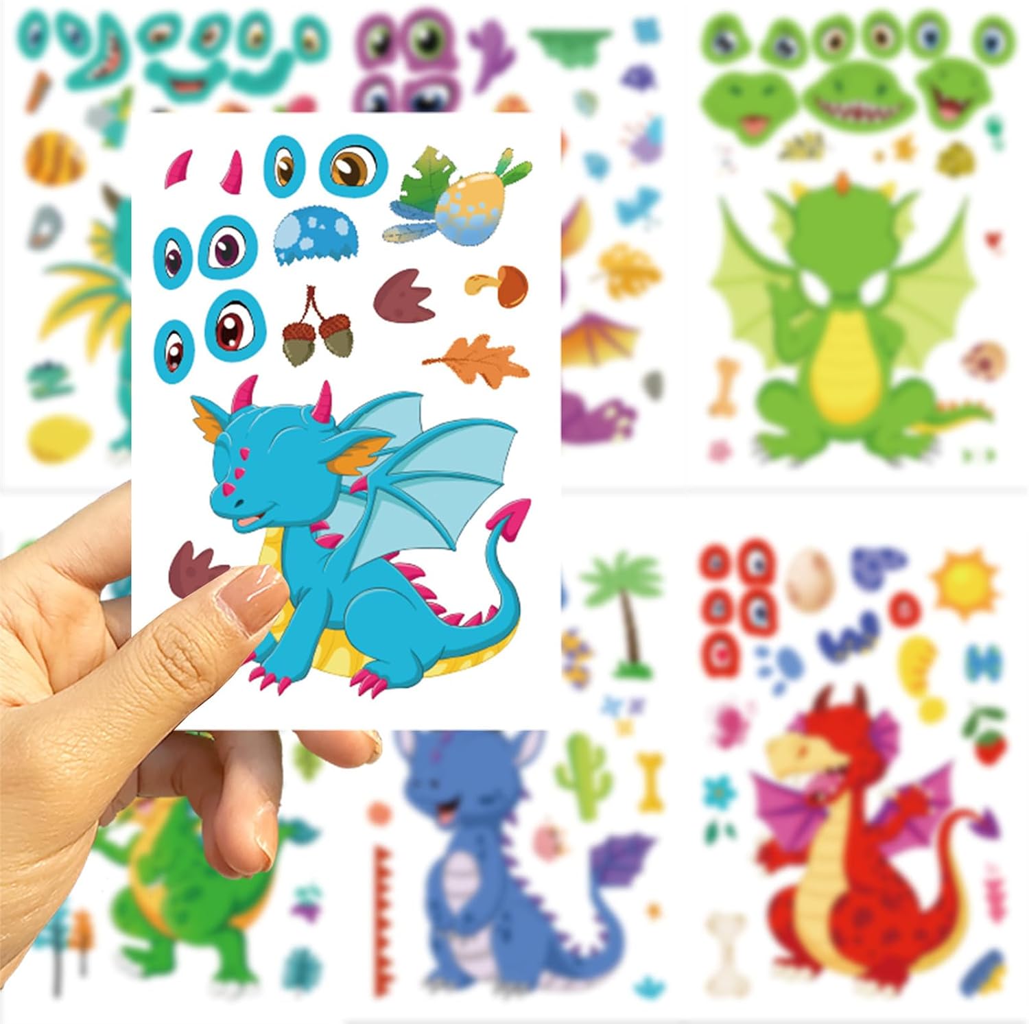 16 Sheet Cartoon Dragon Stickers Make Your Own Dragon Sticker for Teens, DIY Make-a-face Sticker Teens Adult Dragons Birthday Party Decorations,Dragons Craft Birthday Party Favor Supplies (Dragon) image 5
