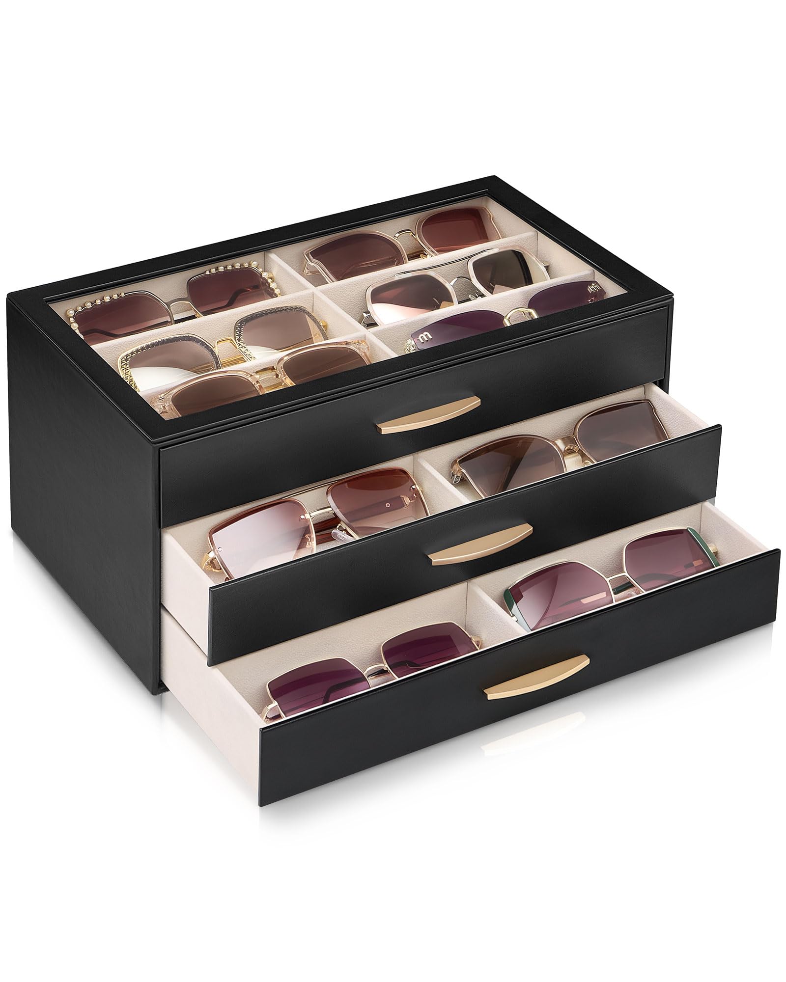 Lolalet Sonnenbrillen Aufbewahrung, Brillenkoffer mit transparentem Glasdeckel Display, Brillenbox Sunglasses Organizer für die Aufbewahrung mehrerer Brillen