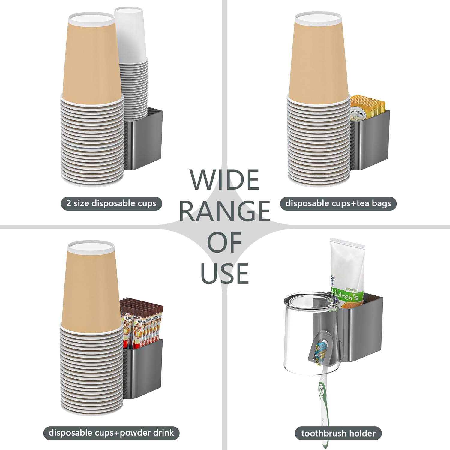 Cup Dispenser 2 Seats, Holder for 2-16 OZ Paper & Plastic Disposable Cups, Adhesive Cup Dispenser Wall Mount for Water Cooler, Coffee Station, Office, Bathroom, Wall (Dark Gray) image 3 of 7 B0DNDCLL7X