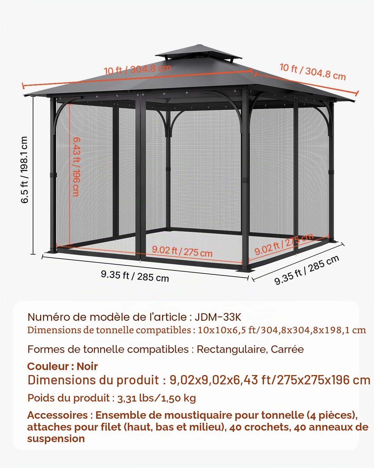 VEVOR Moustiquaire Tonnelle de 304,8x304,8x198,1 cm, Moustiquaire Gazebo Extérieur, avec Double Fermeture Éclair, Rideau de Tonnelle en Maille Anti-moucherons pour Jardin, Patio, Filet Uniquement