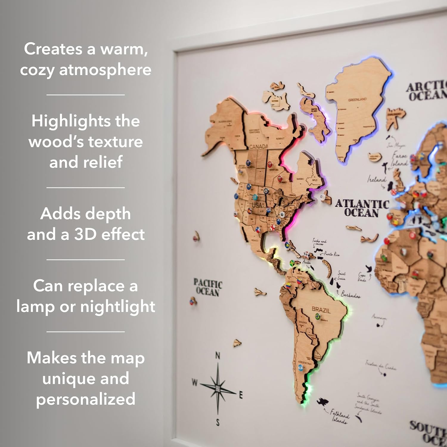 ENJOY THE WOOD Wooden World Map on Board with LED Backlight 2.0 - Handmade World Maps for Wall with Frame - Personalizable Travel Map with Pins for Living Room, Office or Bedroom (Light, Medium)