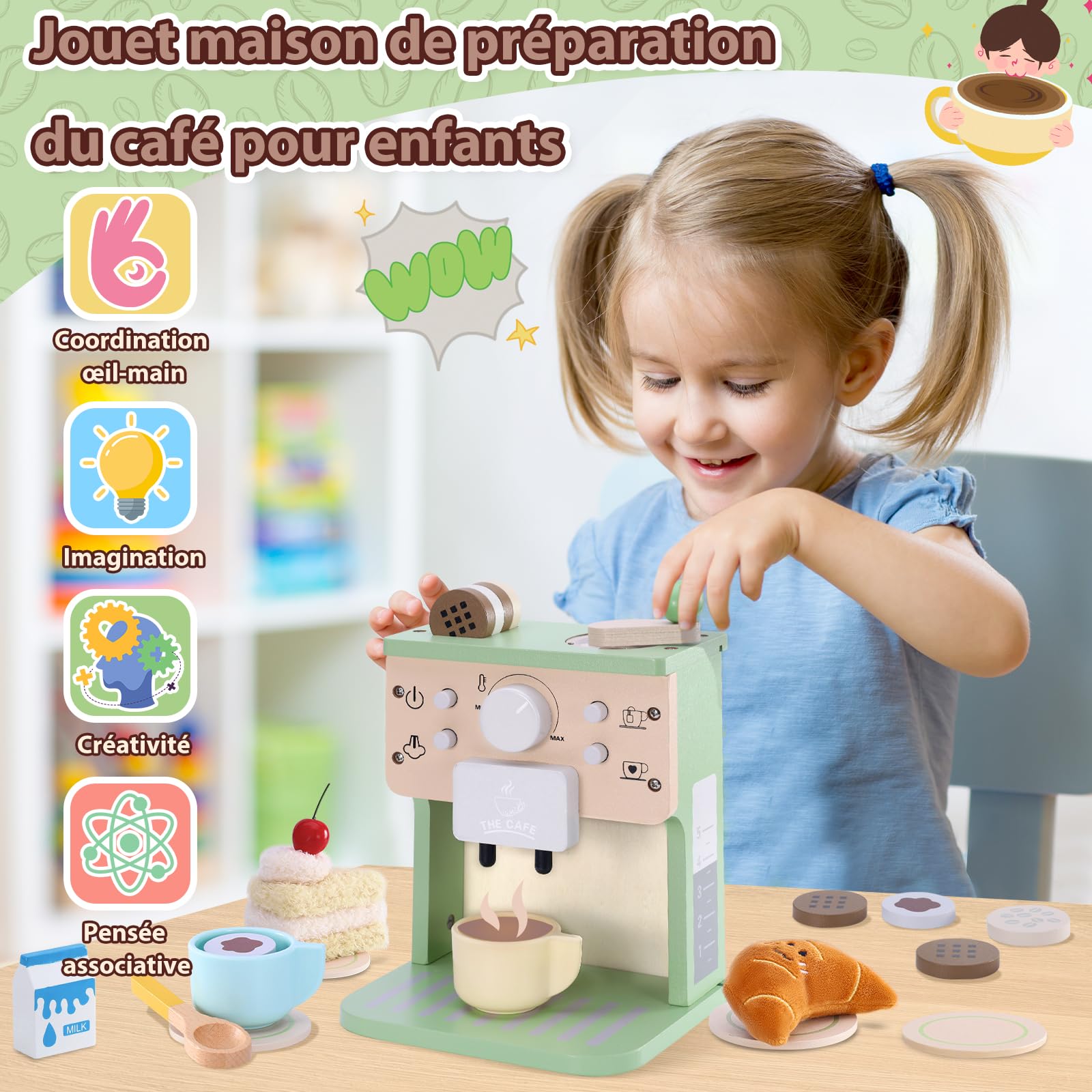 VBACALA Cafetière en Bois pour Enfants avec Son et Boutons,Cuisine en Bois pour Enfants avec Tissu Gâteau et Croissant,Jouets Educatifs Jeux de Rôle Montessori,Jeux de Cuisine,Cadeaux pour Garçons et