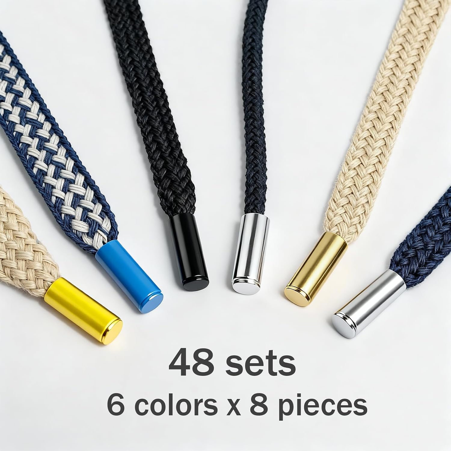 48pcs Alloy Aglet Tips for Shoelaces, Drawstrings & Hoodies - 6 Colors (19mm x 7mm) - Secure & Stylish Metal End Caps