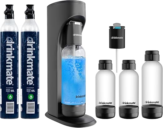 Drinkmate OmniFizz Sparkling Water and Soda Maker, Carbonates Any Drink, PARTY PACK - Includes two 60L CO2 Cylinders, three Carbonation Bottles, and two Fizz Infusers (Matte Black)