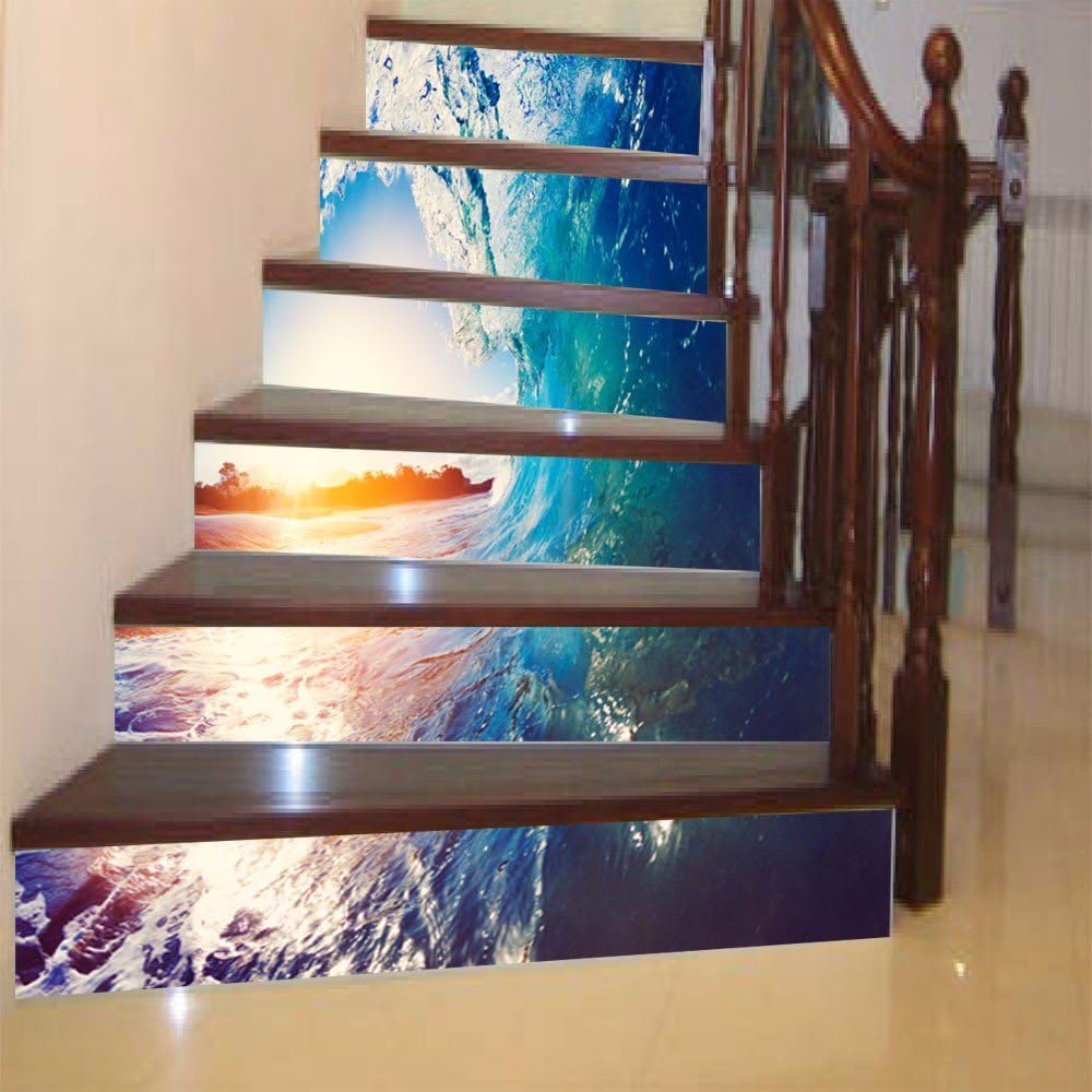 lzzfw Wall Stickers Innovative Fashion Home Renovation Waves Rolling Scenery Stairs Stickers