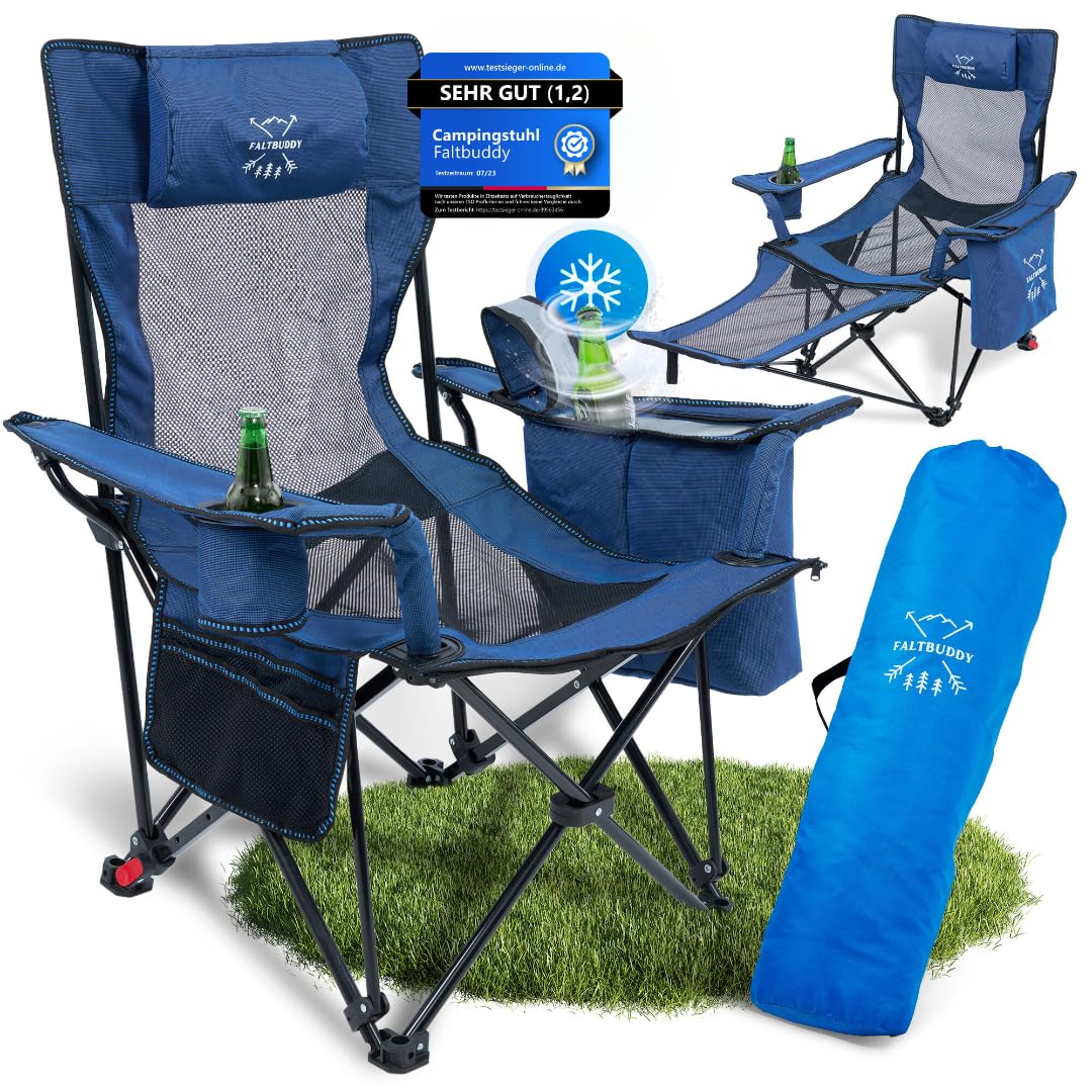 Faltbuddy® Campingstuhl faltbar & Liegestuhl klappbar 2in1 bis 180Kg blau [XXL Kühltasche] Faltstuhl I Klappstuhl I Angelstuhl Campingliege Strandliege klappbar leicht - Angler Strand Festival Outdoor