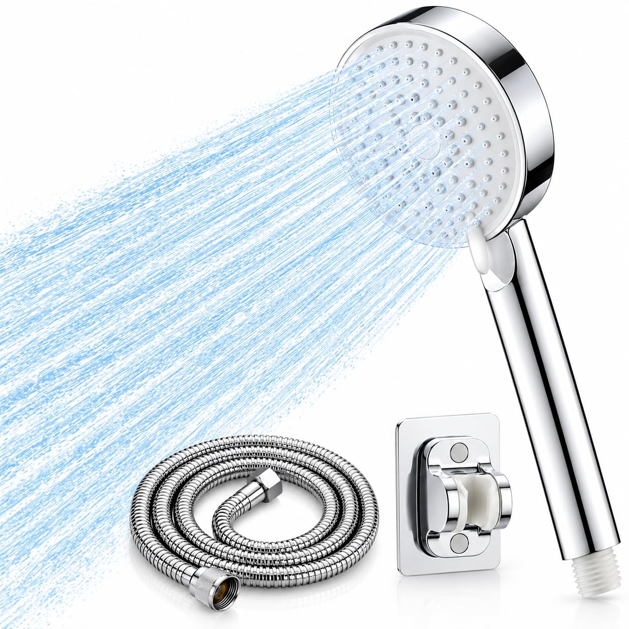 Shower Head High Pressure 5 Modes, 1.5m Hose No-Drill Bracket Chrome Silver